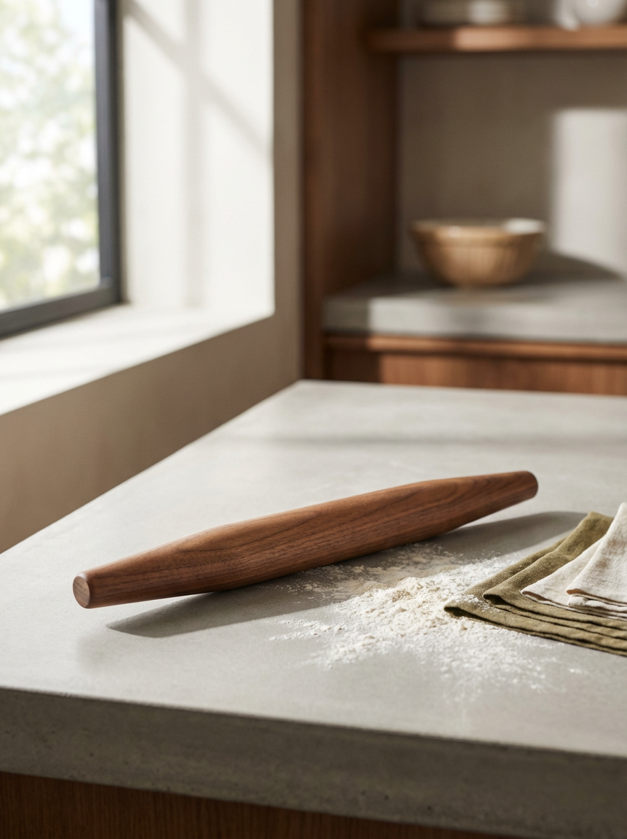 Wooden rolling pin on a kitchen counter with flour and kitchen towels nearby.