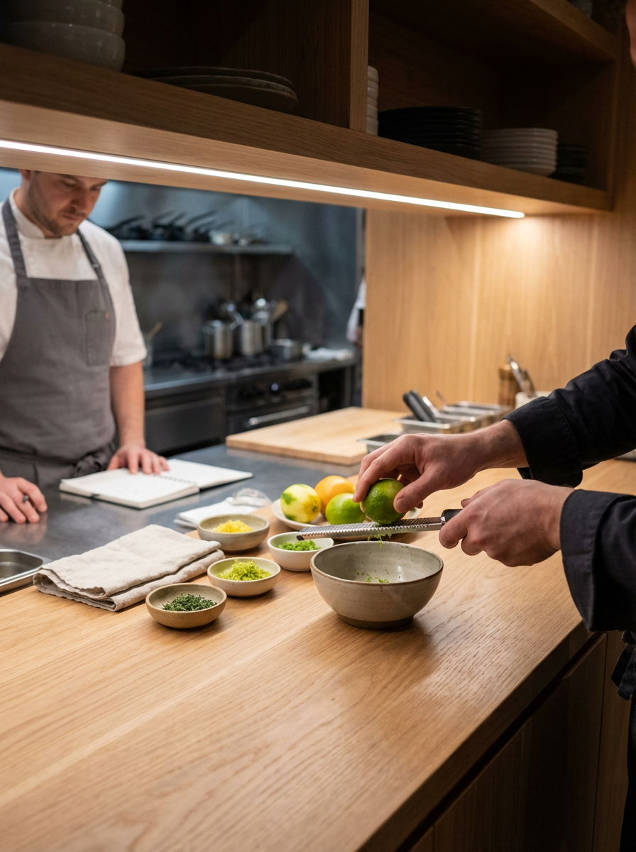 Person slicing limes at a kitchen counter with bowls of herbs and citrus nearby, while another chef looks on in the background.