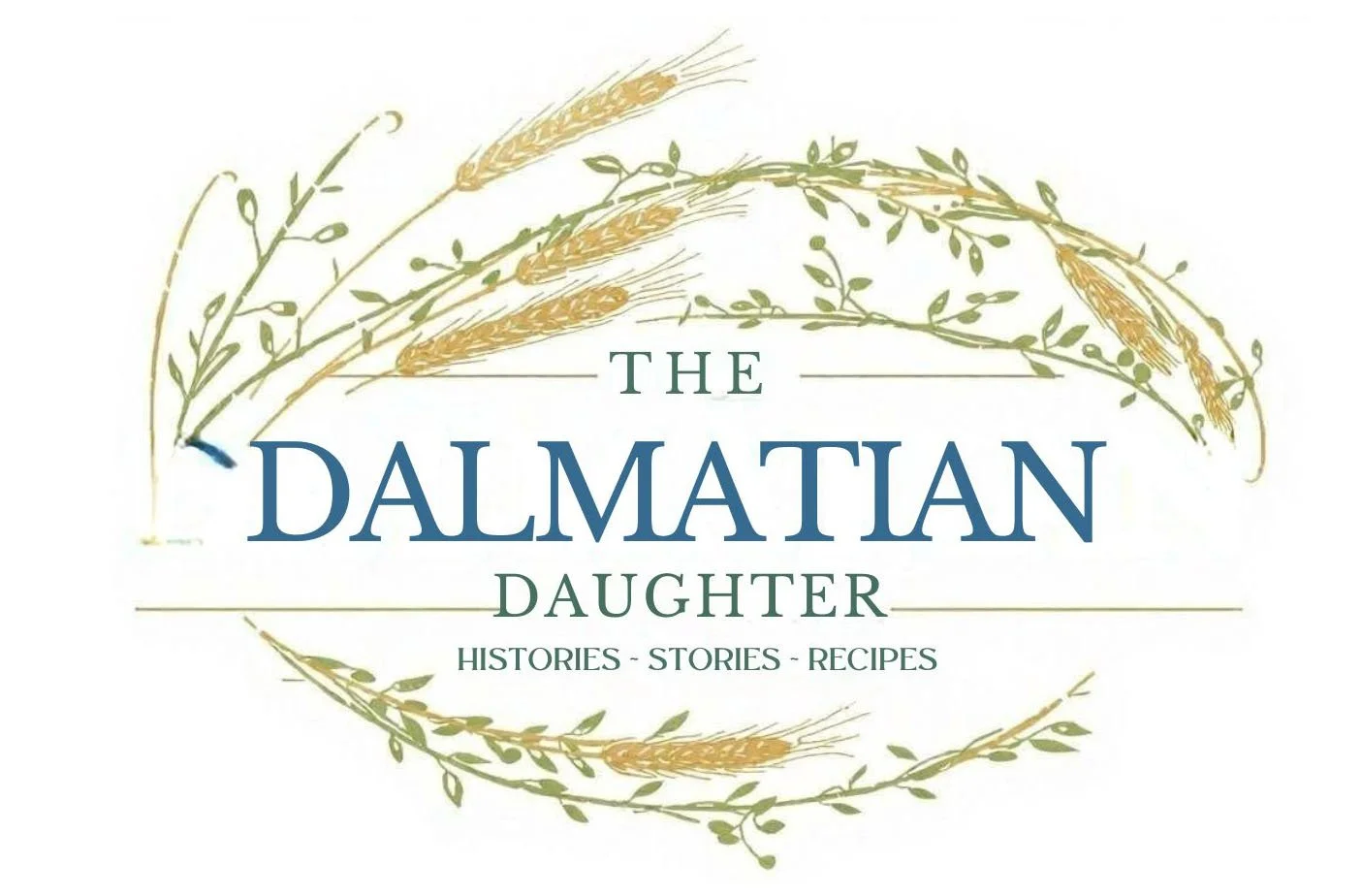 Book cover titled "The Dalmatian Daughter" with illustrations of wheat and leafy branches, and text "Histories - Stories - Recipes."