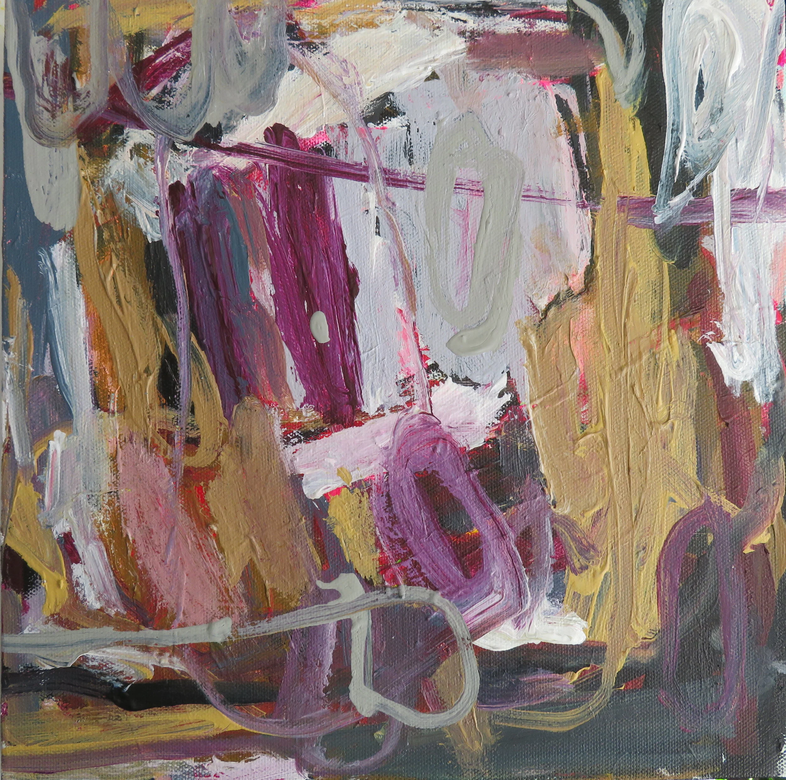Abstract painting with bold brushstrokes in pink, purple, white, yellow, black, and gray colors. The composition is layered with textured paint and dynamic movement.