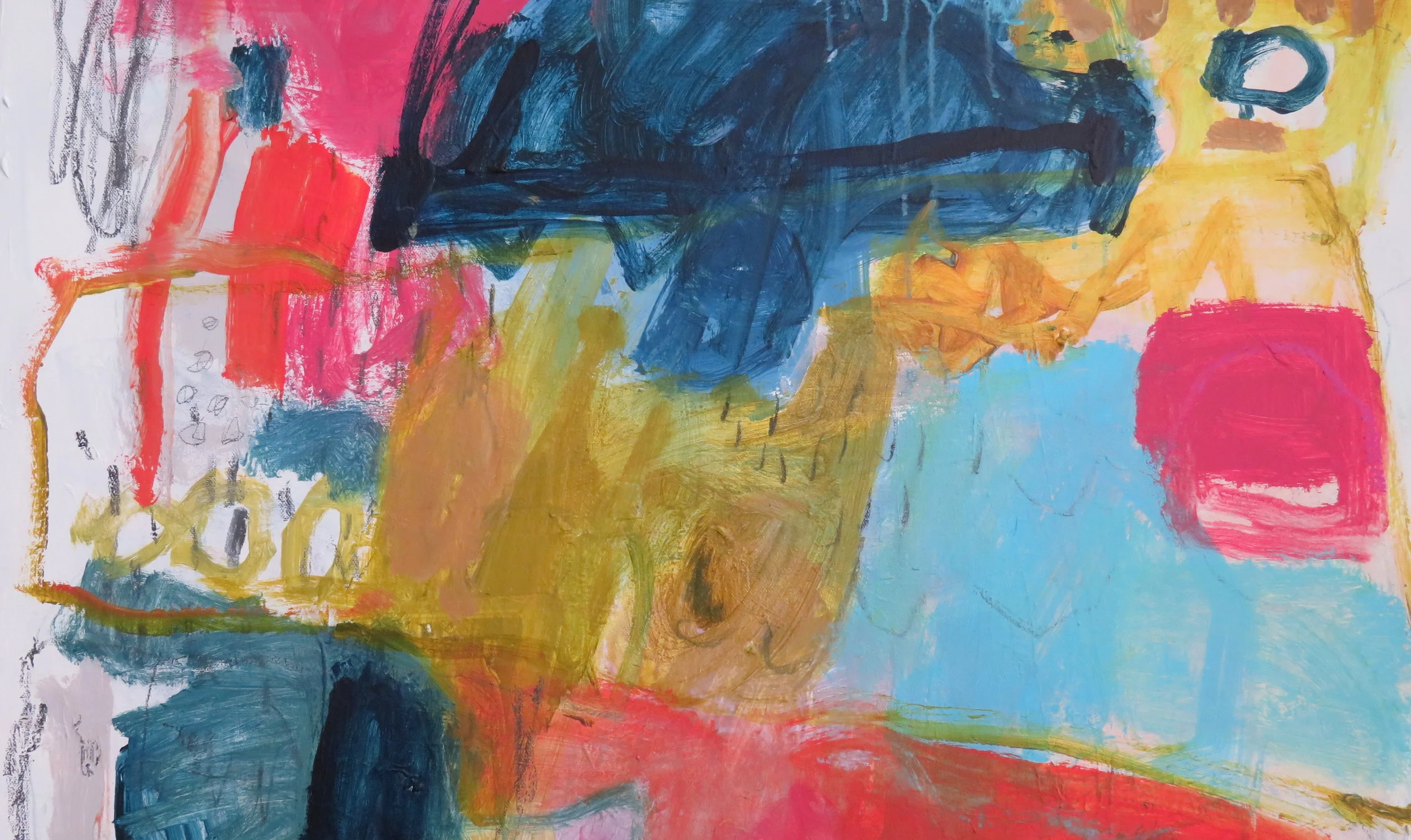 Abstract painting with vibrant colors including pink, blue, yellow, orange, and black, featuring bold brushstrokes and mixed textures.
