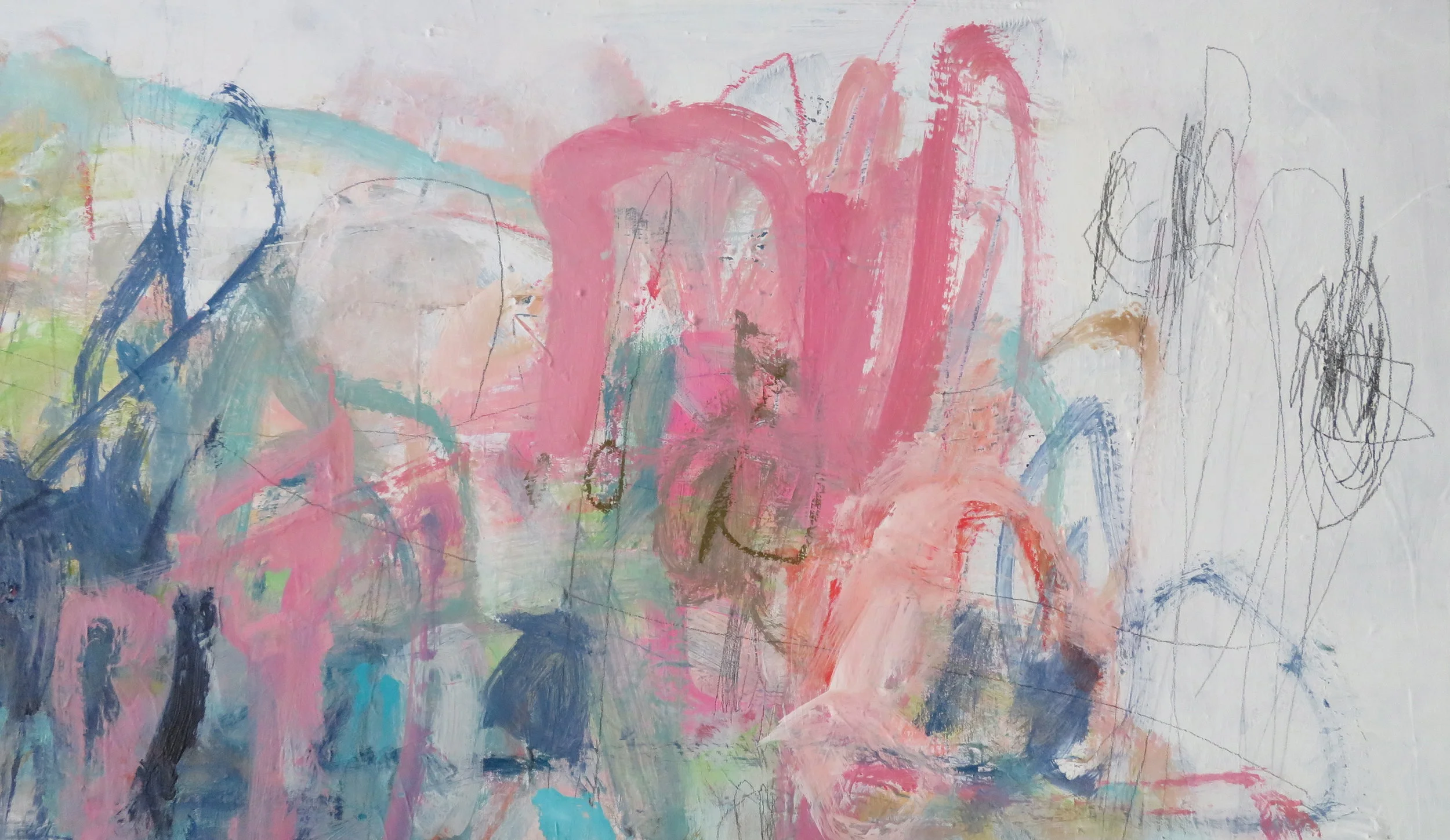 Abstract expressionist painting with pastel colors including pink, blue, green, and black, featuring broad brushstrokes, scribbles, and faint pencil sketches on a white background.