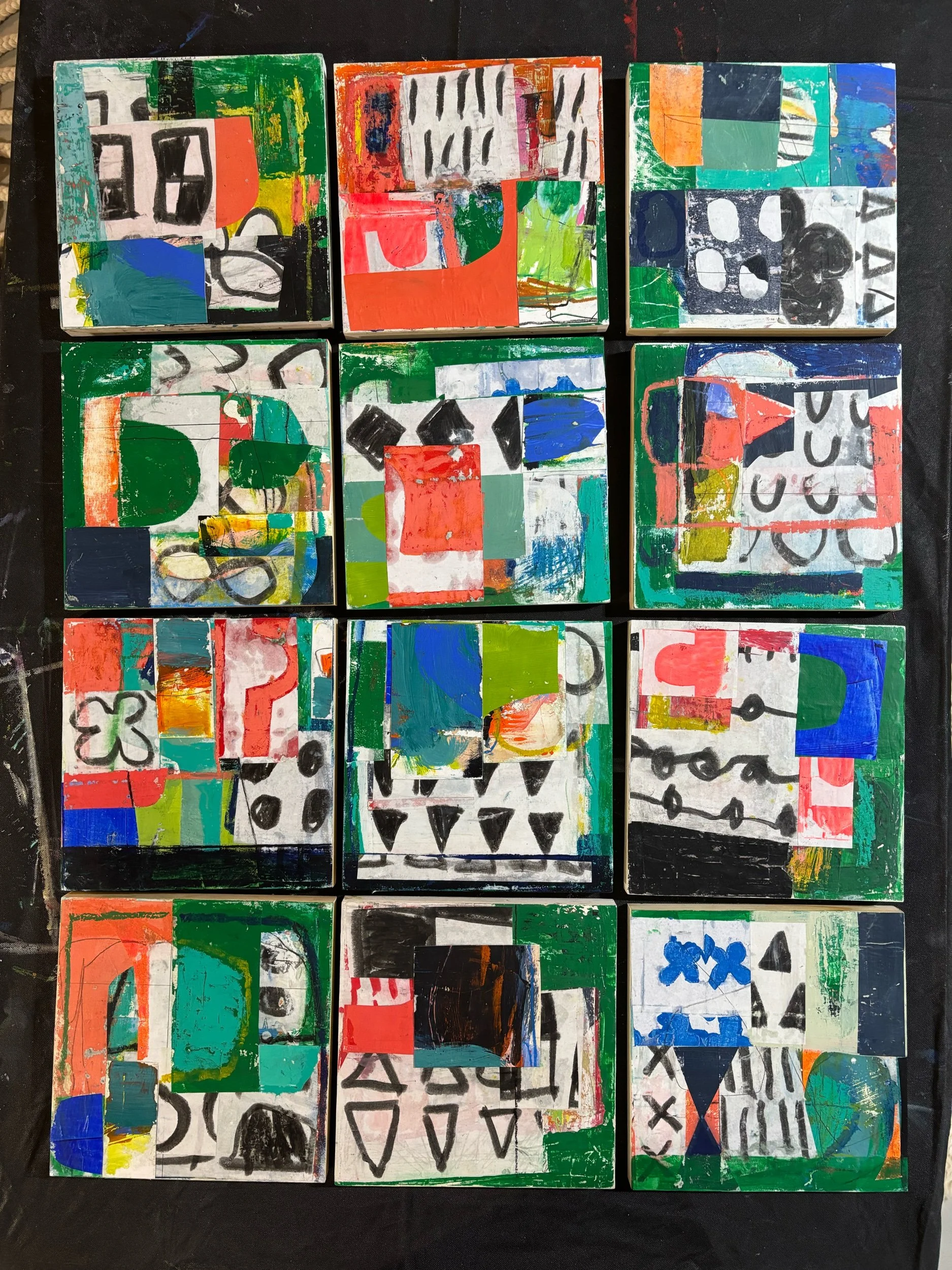 Collection of nine abstract, colorful paintings on small canvases arranged in a 3x3 grid. Each features bold geometric shapes, lines, and patterns with a mix of vibrant colors including green, orange, blue, black, and white.