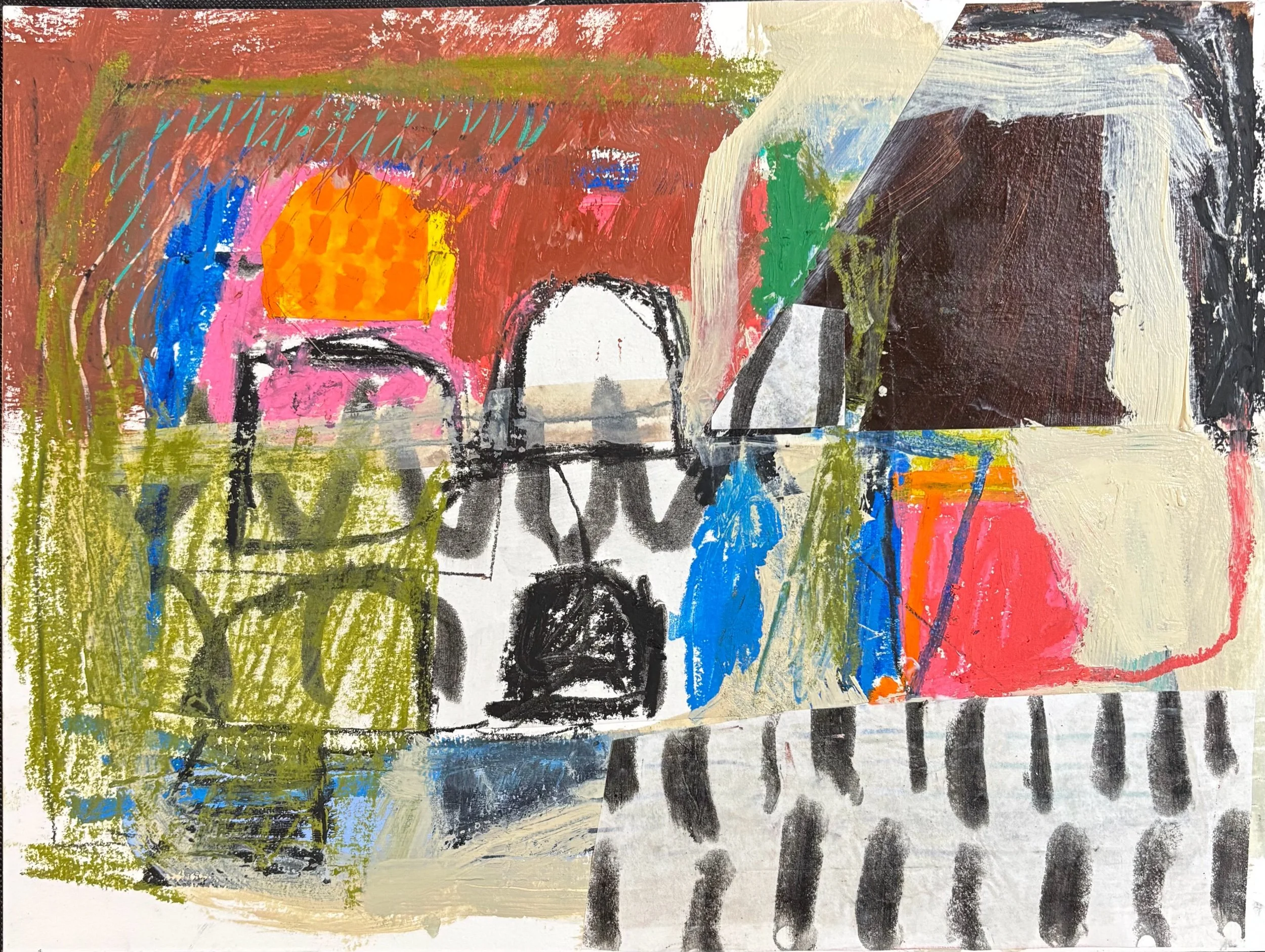 Abstract colorful painting with rough brushstrokes featuring orange, pink, blue, black, white, and green patches, with a dominant red-brown background.