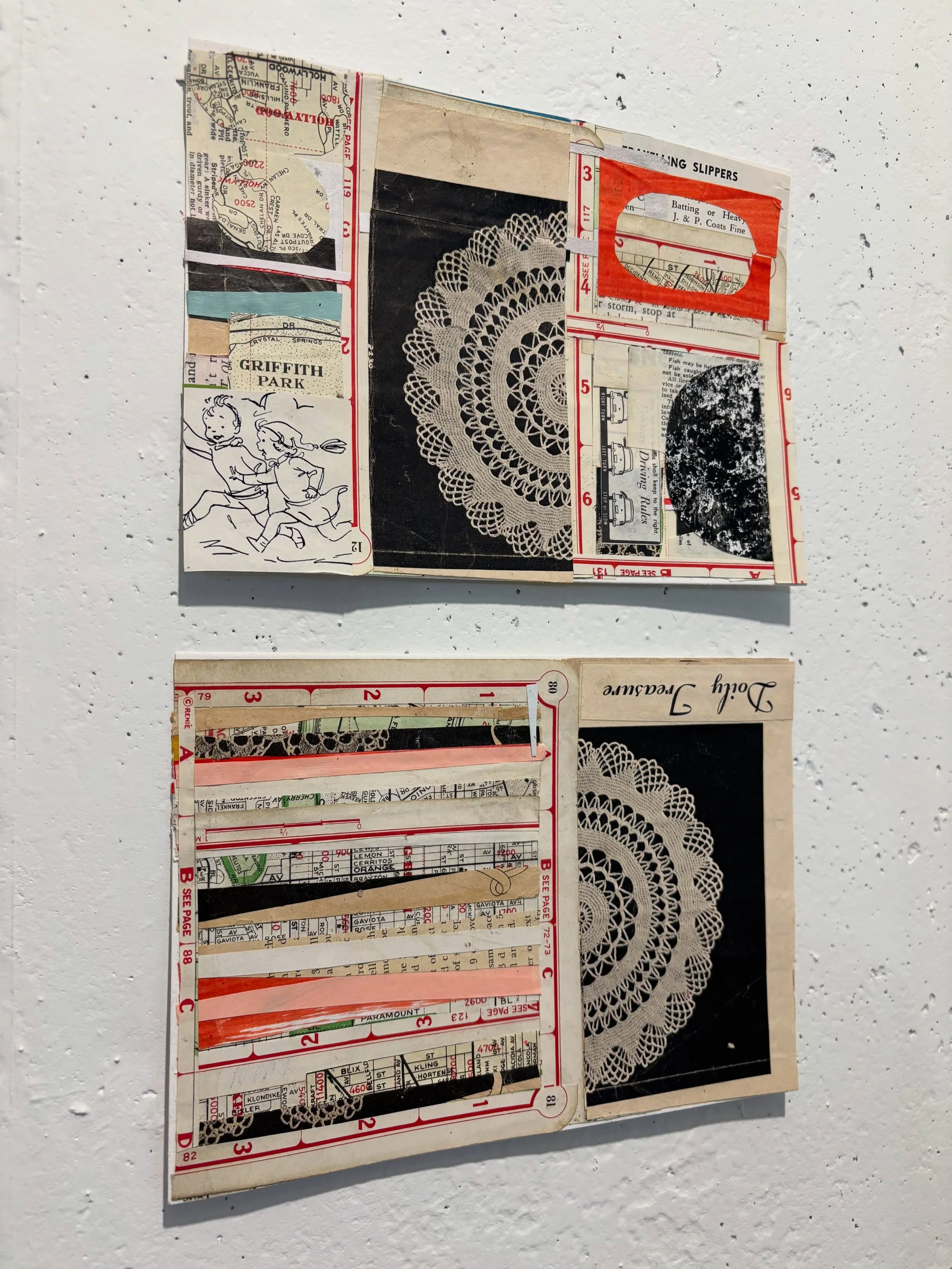 Doilies hand-crocheted by my mom from well-loved pattern books, fragments of maps my dad used while delivering freight by truck, and monoprinted papers I created come together in layered, textured compositions. Each piece carries a connection to fami