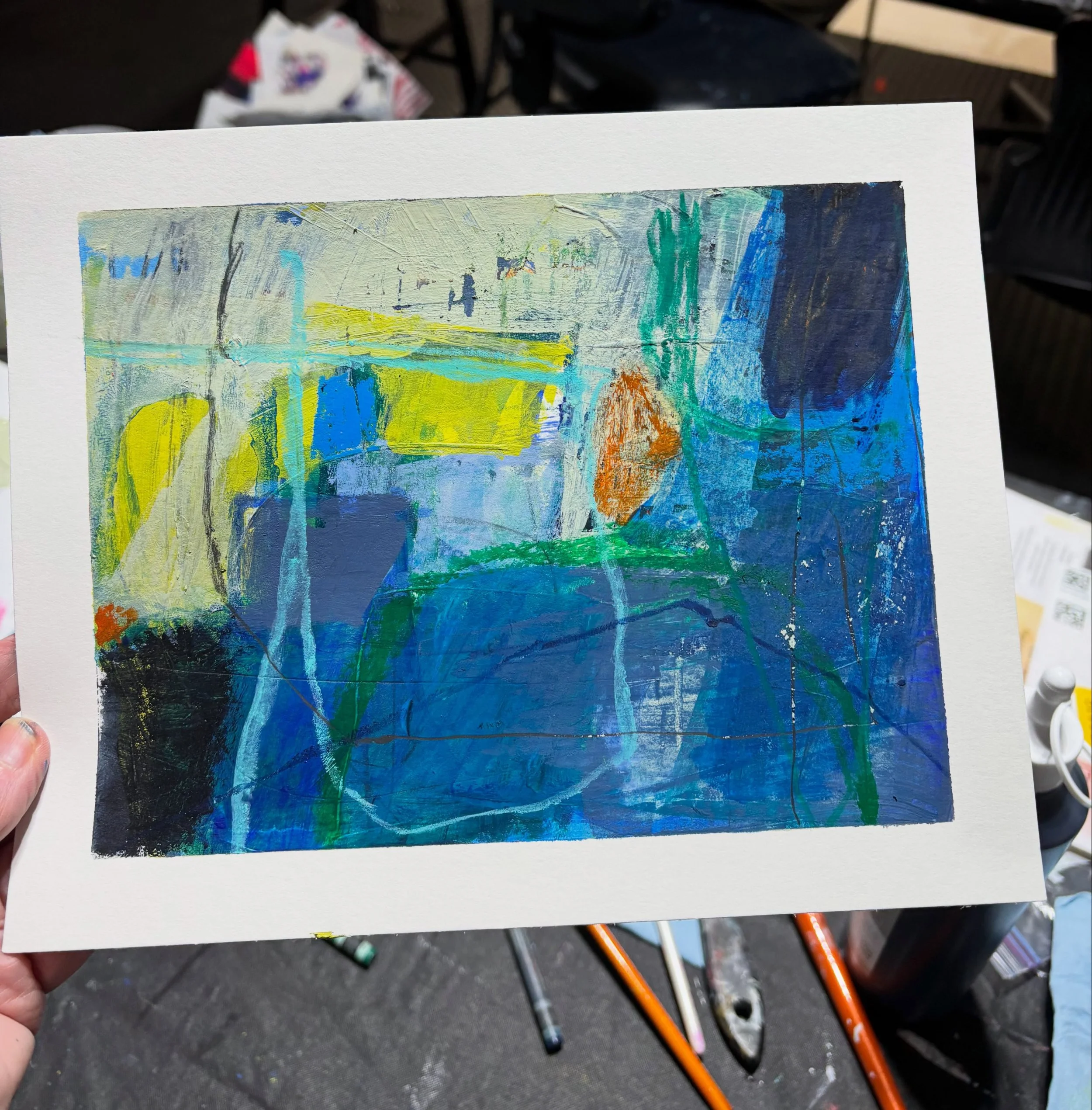 Working on hot press paper today. Taped off the edges and started layering on acrylic paint, crayon, graphite, charcoal. Sliding in and out of painting and collage keeps me on my toes!! 

Theresa Benavidez, mixed media art, contemporary art, original