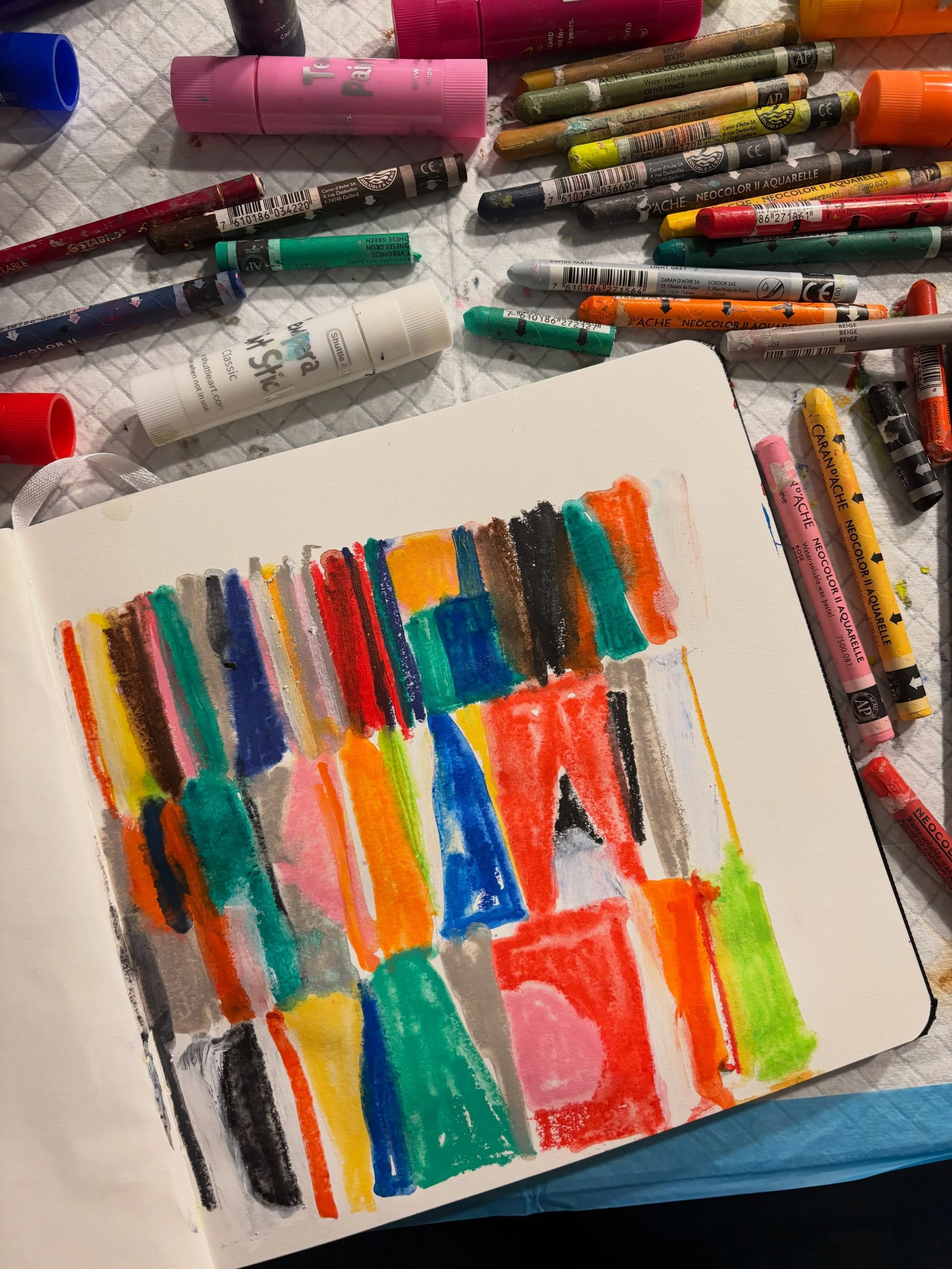Storming and gloomy today. While Fawnie does kennel time I&rsquo;m working on my journal. Caran crayons, tempera sticks and a few pencils, Stabilo, prisma, and charcoal. Thought I&rsquo;d use one of my collages for inspiration. Making me happy!!