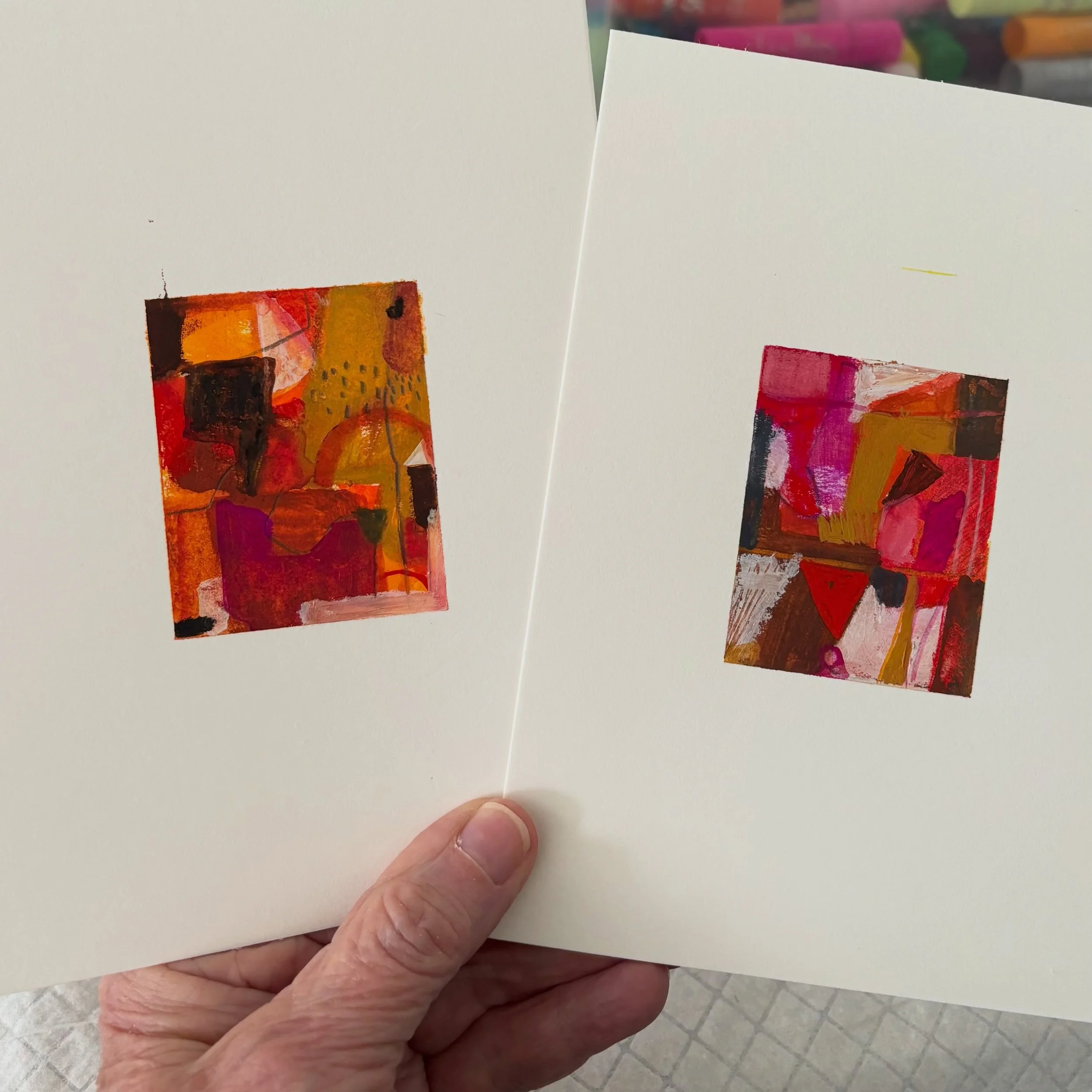 Something fresh and fun today. Gouache, tempura sticks, Caran crayons and beautiful 500 series watercolor paper and lots of Drafting low tack tape. Fun small mixed media original paintings ready to frame. Hmmmmm, maybe a little series in the making??