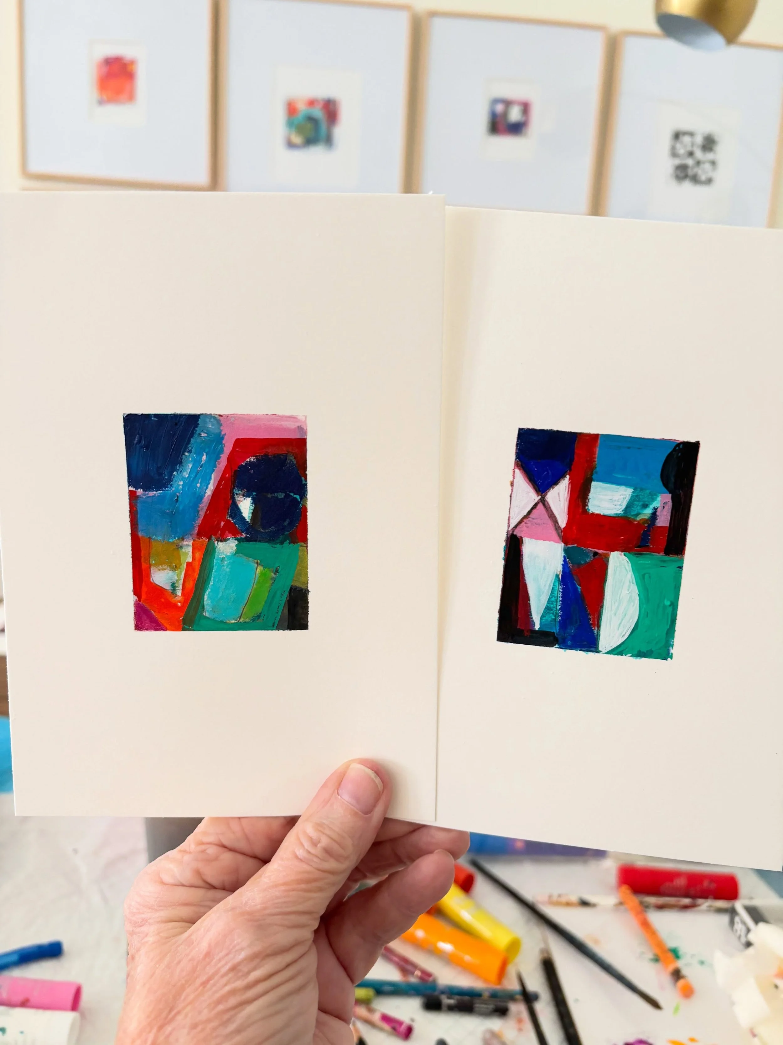 You can cram a lot into a tiny rectangle&hellip;. Tempera sticks, Caran crayons and Gouache with touch of graphite. I think they&rsquo;re pretty sweet. 

Kansas City artist, abstract art, painter, contemporary art, small art, Theresa Benavidez, mixed