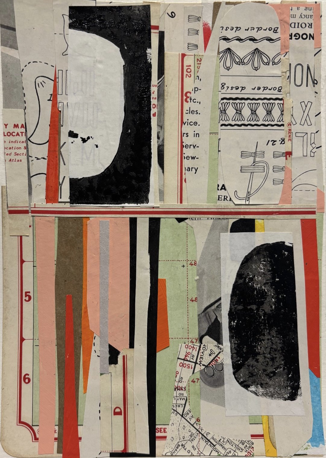 Collage artwork made from torn paper, magazines, and drawings. It features black and white abstract shapes, handwritten notes, and colorful strips of paper in an abstract composition.