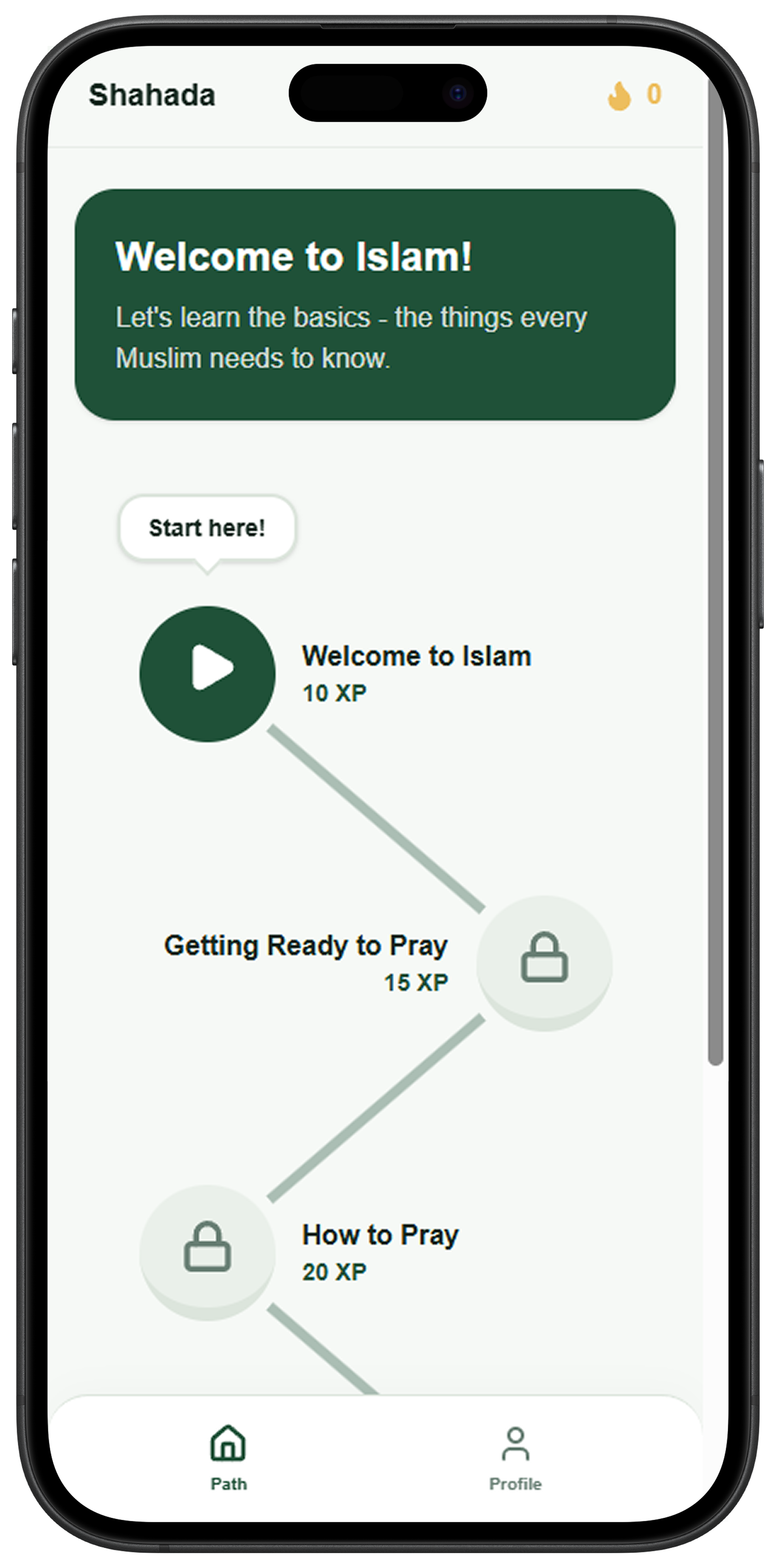 A mobile app screen showing a learning pathway about Islam, with modules like Welcome to Islam, Getting Ready to Pray, and How to Pray, including icons, progress points, and navigation tabs at the bottom.