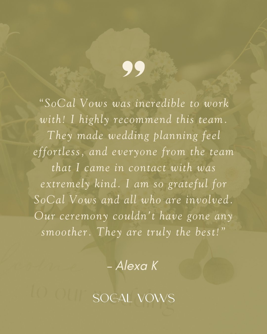 Nothing means more to us than hearing that a couple was able to truly enjoy their wedding day. Thank you, Alexa, for your kind words and for trusting SoCal Vows to be part of such a special moment. Creating a seamless, stress free experience is exact