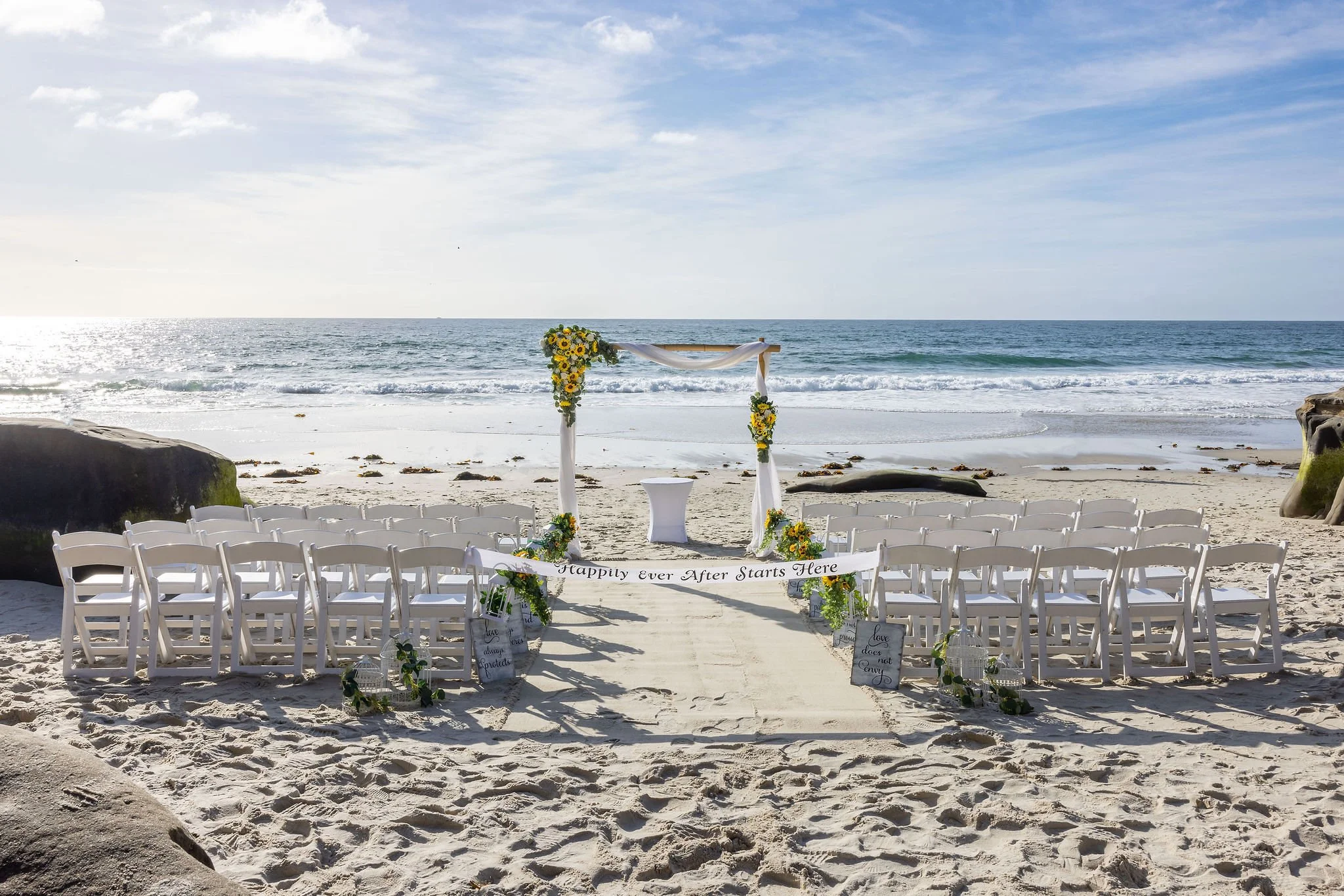 A wedding ceremony setup on a beach with white chairs arranged in rows facing the ocean, decorated with flowers and a white banner that reads 'Happily Ever After Starts Here' beneath a decorated arch. The ocean and sky are visible in the background.