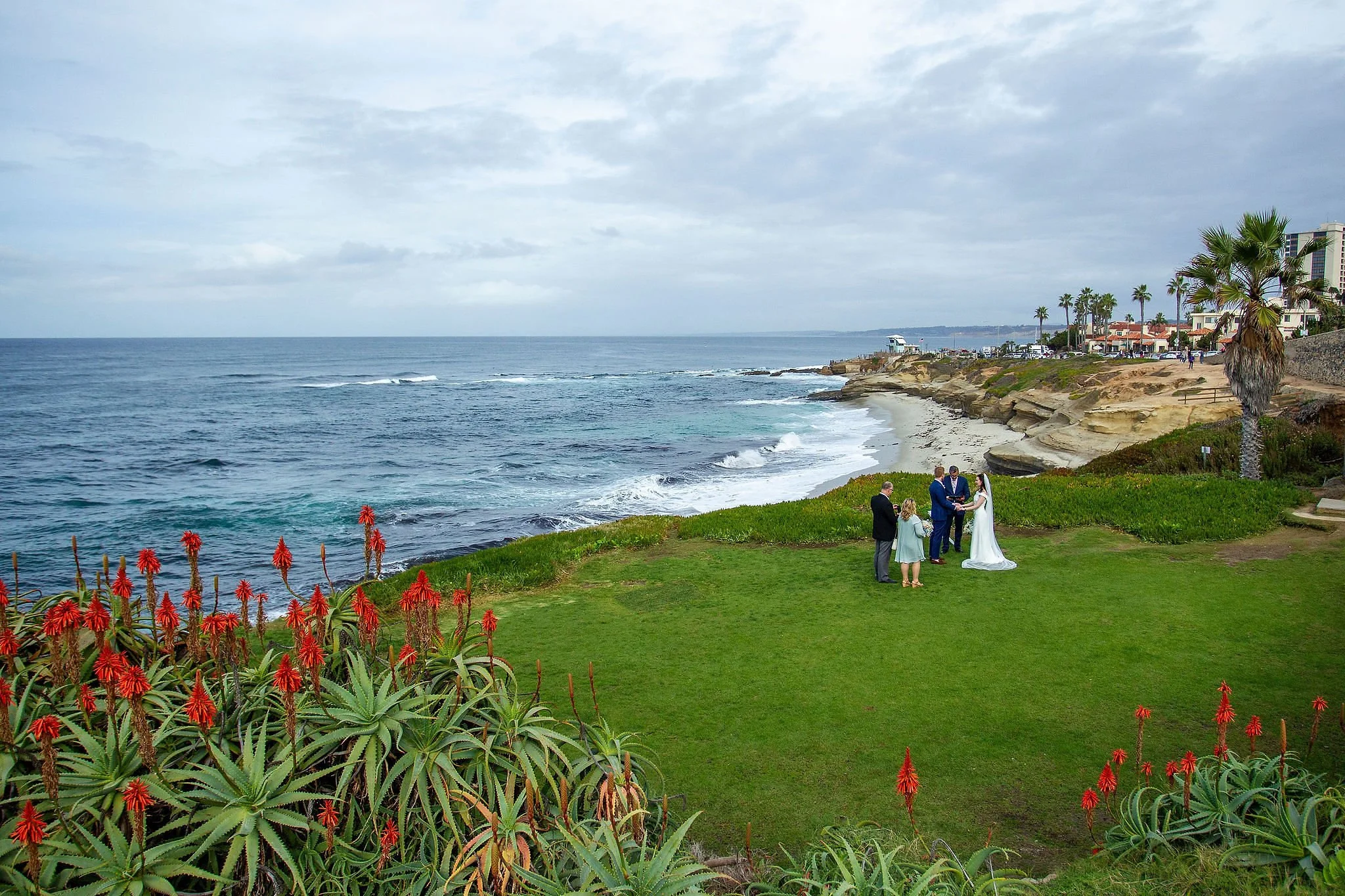 A wedding ceremony taking place outdoors on a grassy area overlooking the ocean, with a few people and palm trees in the background.