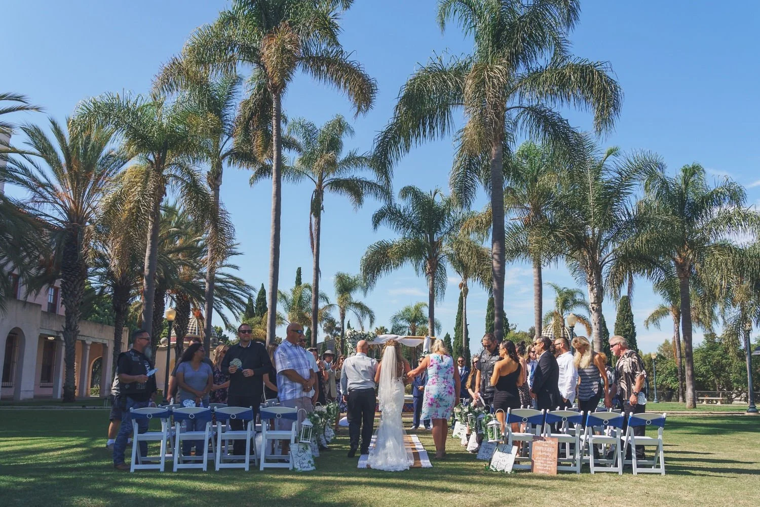 Outdoor wedding ceremony with a bride and groom, guests, and palm trees under a clear blue sky.