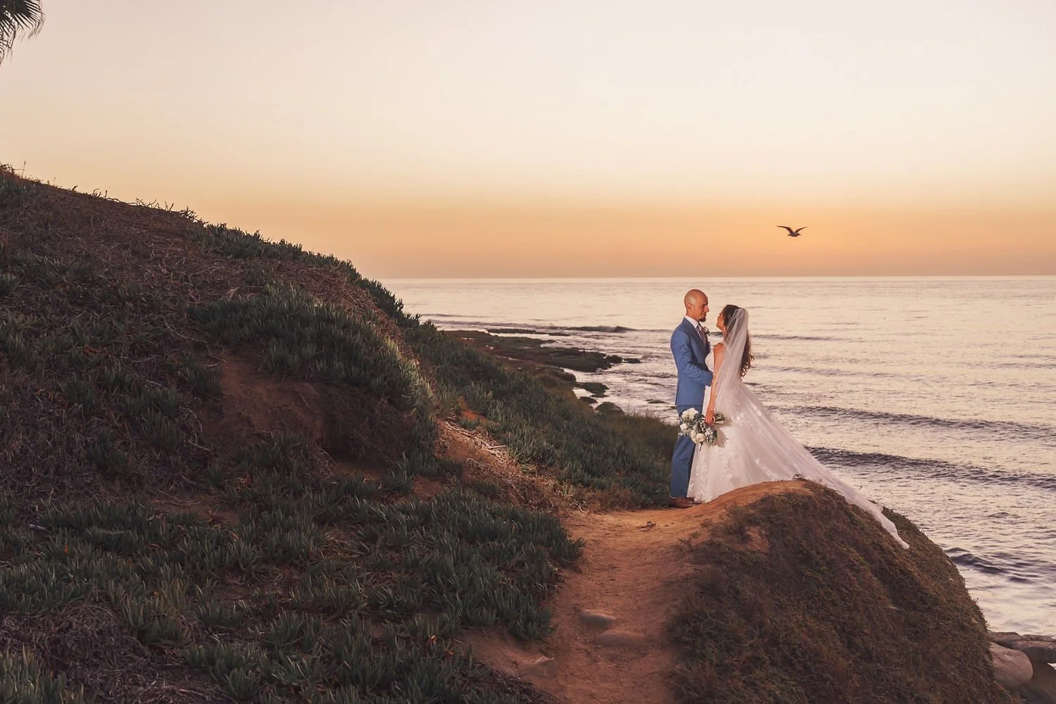 A bride and groom standing on a cliff by the ocean during sunset, with a bird flying in the sky, celebrating their wedding.