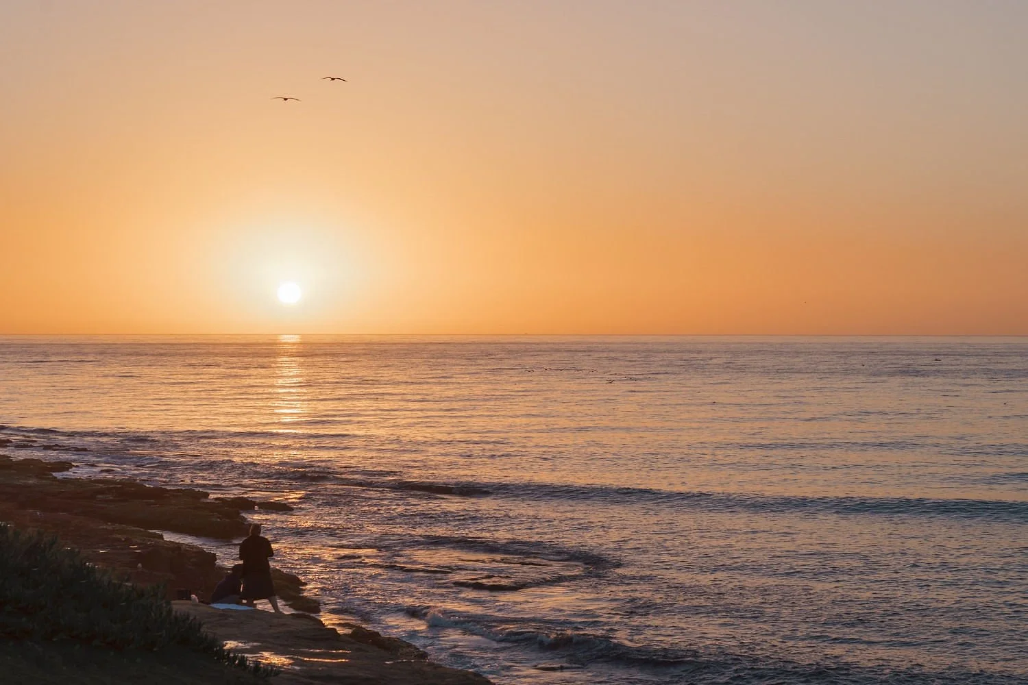 Sunset over the ocean with three birds flying in the sky, two people sitting on the beach watching the sunset.
