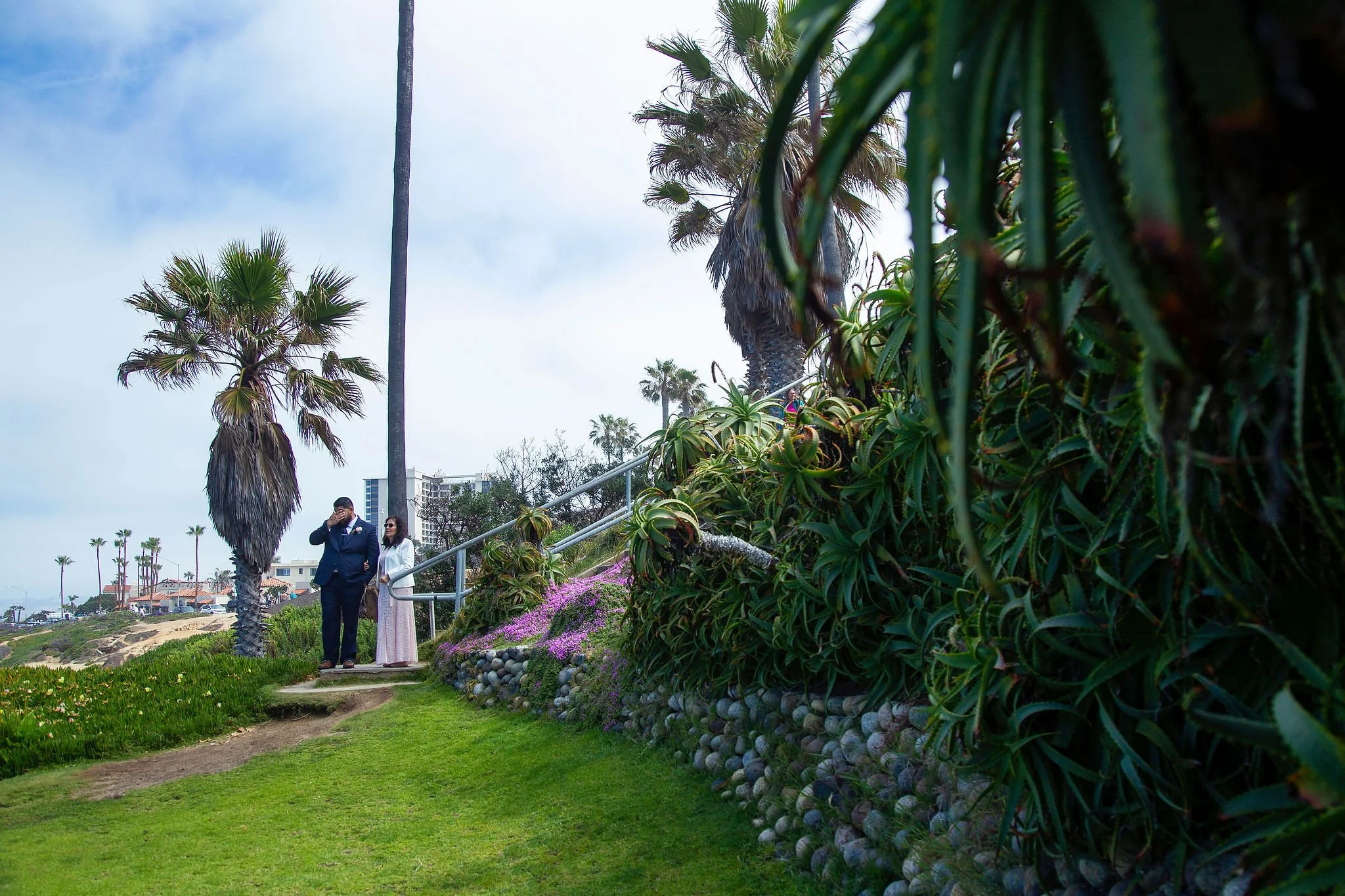 A couple dressed in formal attire walking along a lush, grassy park area with a stone walkway. There are tall palm trees, flowering plants, and a cloudy sky in the background. Buildings and parked cars are visible in the distance.
