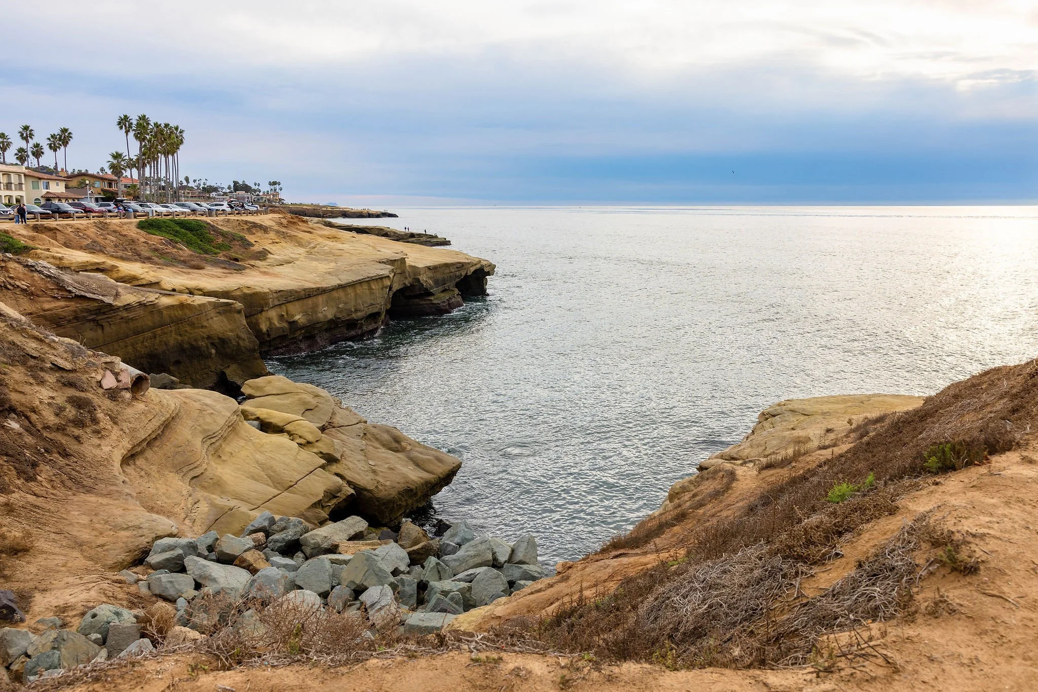 Cliffside view of the ocean with a parking lot, houses, and palm trees along the coast under a cloudy sky