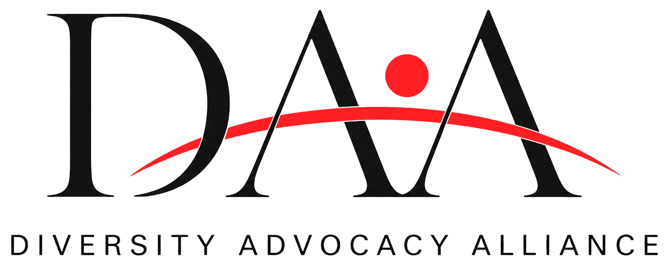 Logo of Diversity Advocacy Alliance with large black letters 'DAA,' a red dot above the 'A's, a curved red line crossing through the letters, and the organization's name in black uppercase text below.