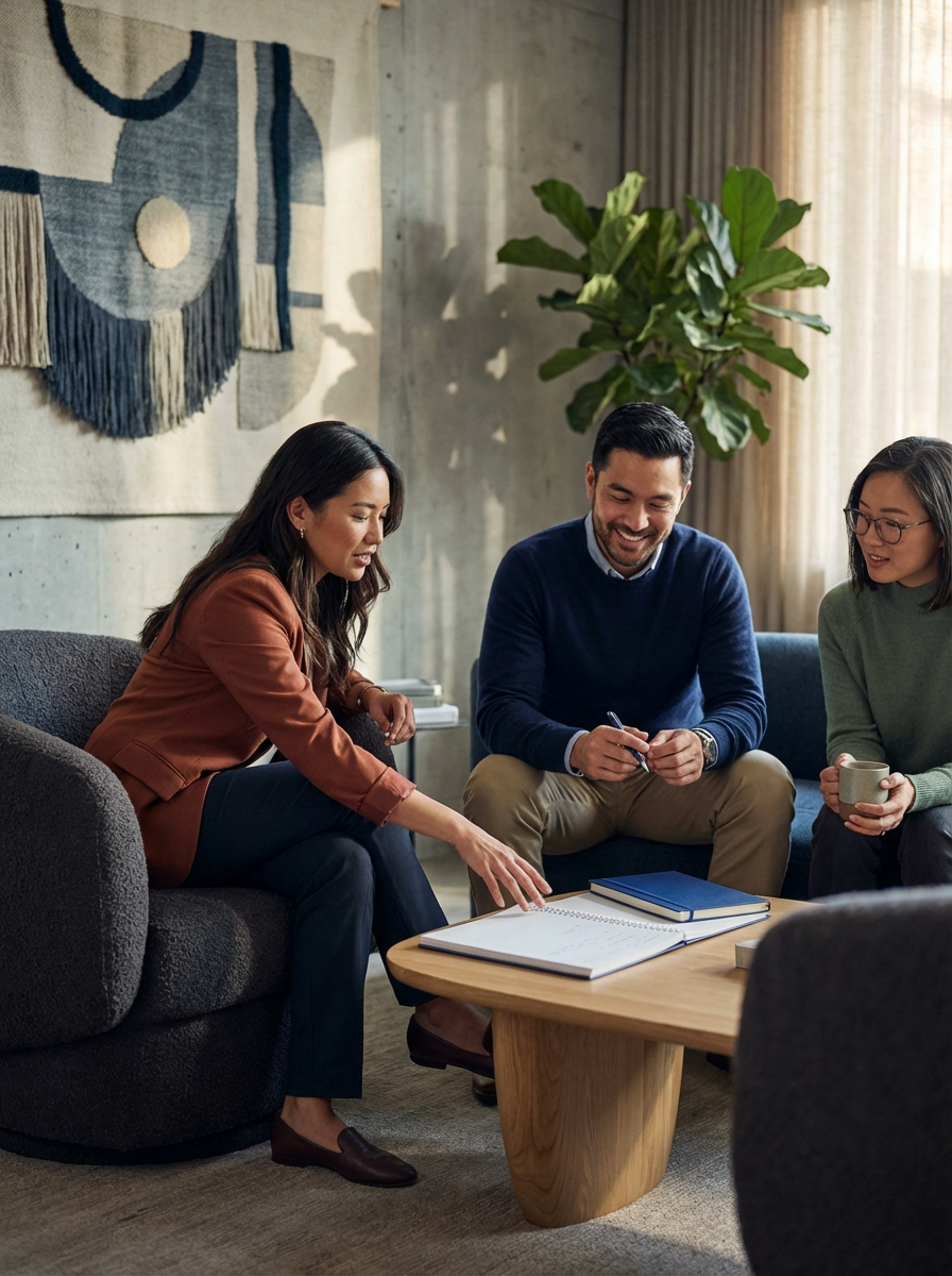 A group of three people sitting on sofas around a coffee table, engaging in a discussion with notebooks, a pen, and a cup on a table, in a cozy living room.