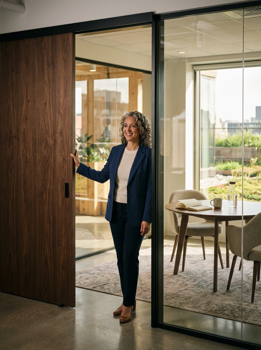 A smiling woman in a navy blue suit standing in an office doorway, next to a round table with a book, a mug, and a glass water bottle, with a bright, modern office space and outdoor garden visible through large windows.