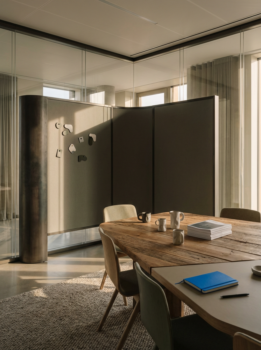 Modern office meeting room with a wooden table, beige chairs, mugs, a stack of papers, a blue notebook, and art on a partition wall in the background.
