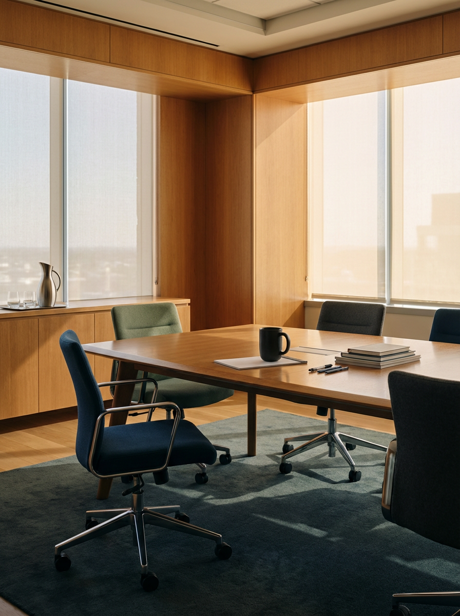 Empty modern conference room with a wooden table, four office chairs, window blinds, a mug, notebooks, and pens on the table.