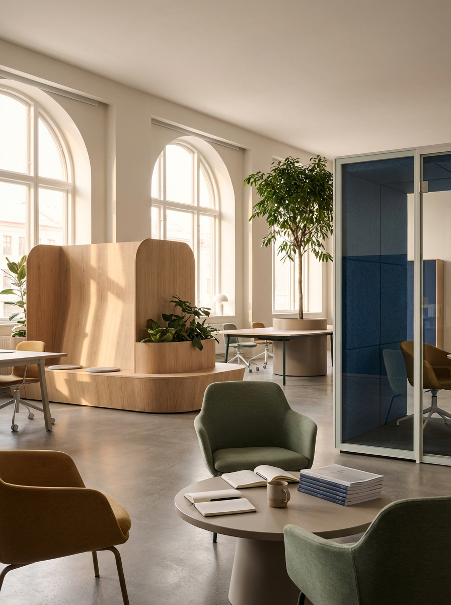 Modern office space with natural lighting, green and brown chairs, a round table with books and a mug, and a large potted plant. There are large arched windows and a wooden partition with built-in plants.