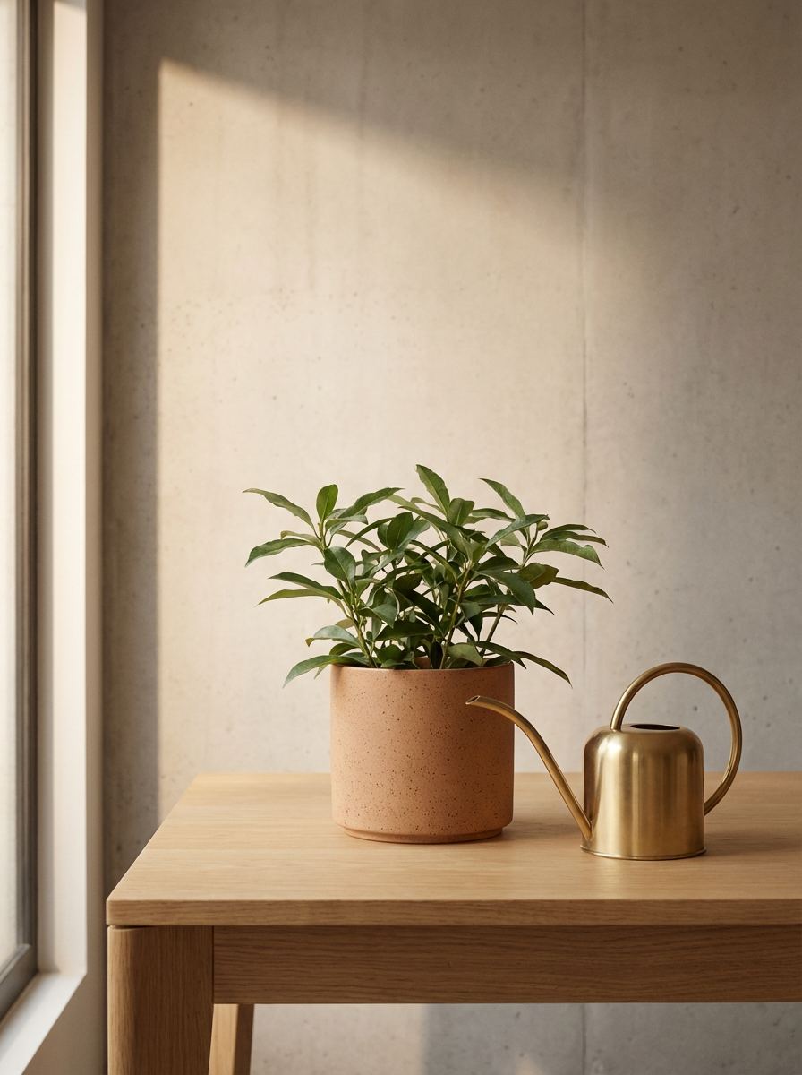 A potted green plant and a gold watering can on a wooden table near a window.