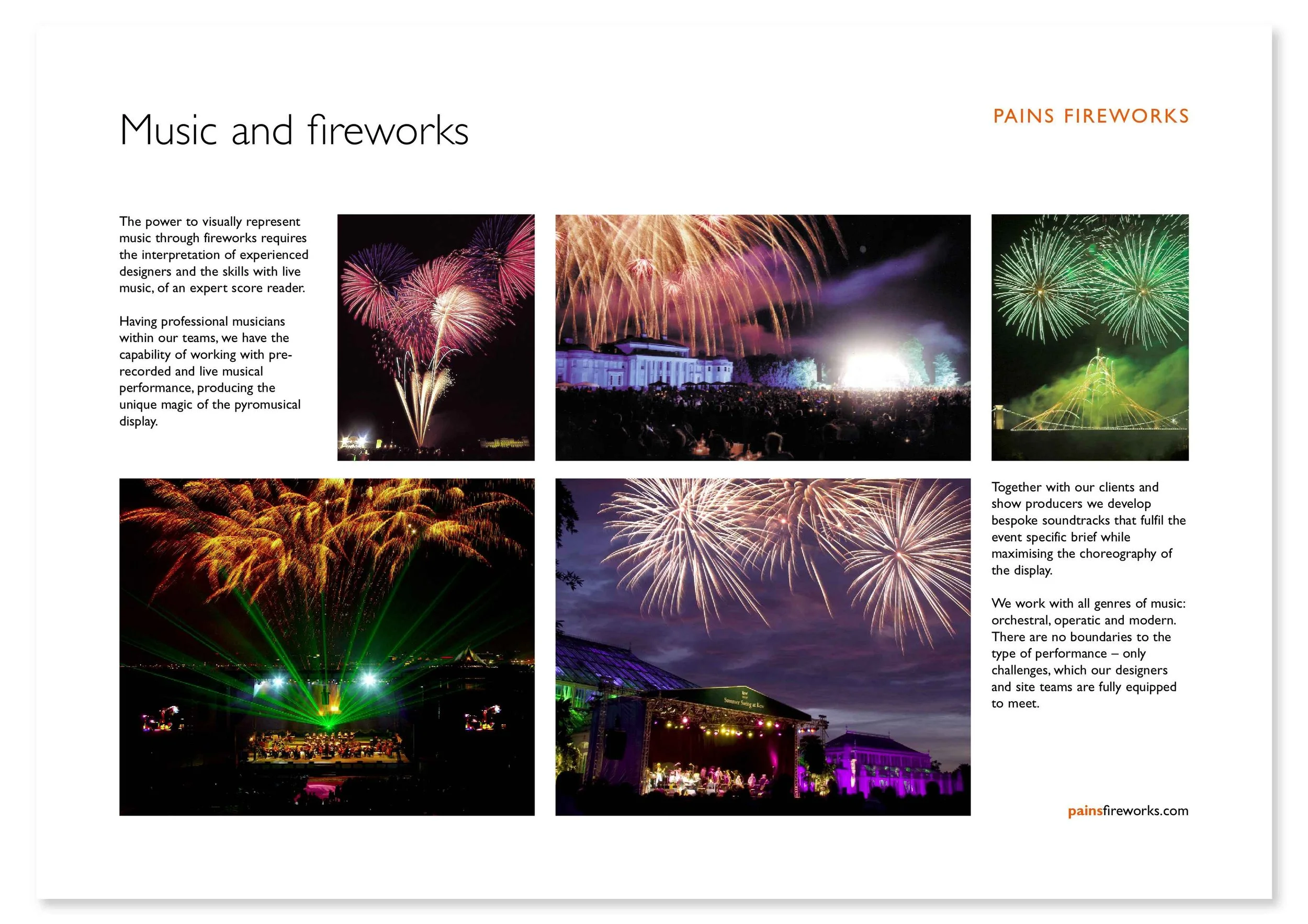 A collage of fireworks displays over a crowd at night, with images of colorful fireworks in various shapes and sizes, alongside a scene of laser lights and a stage with performers.