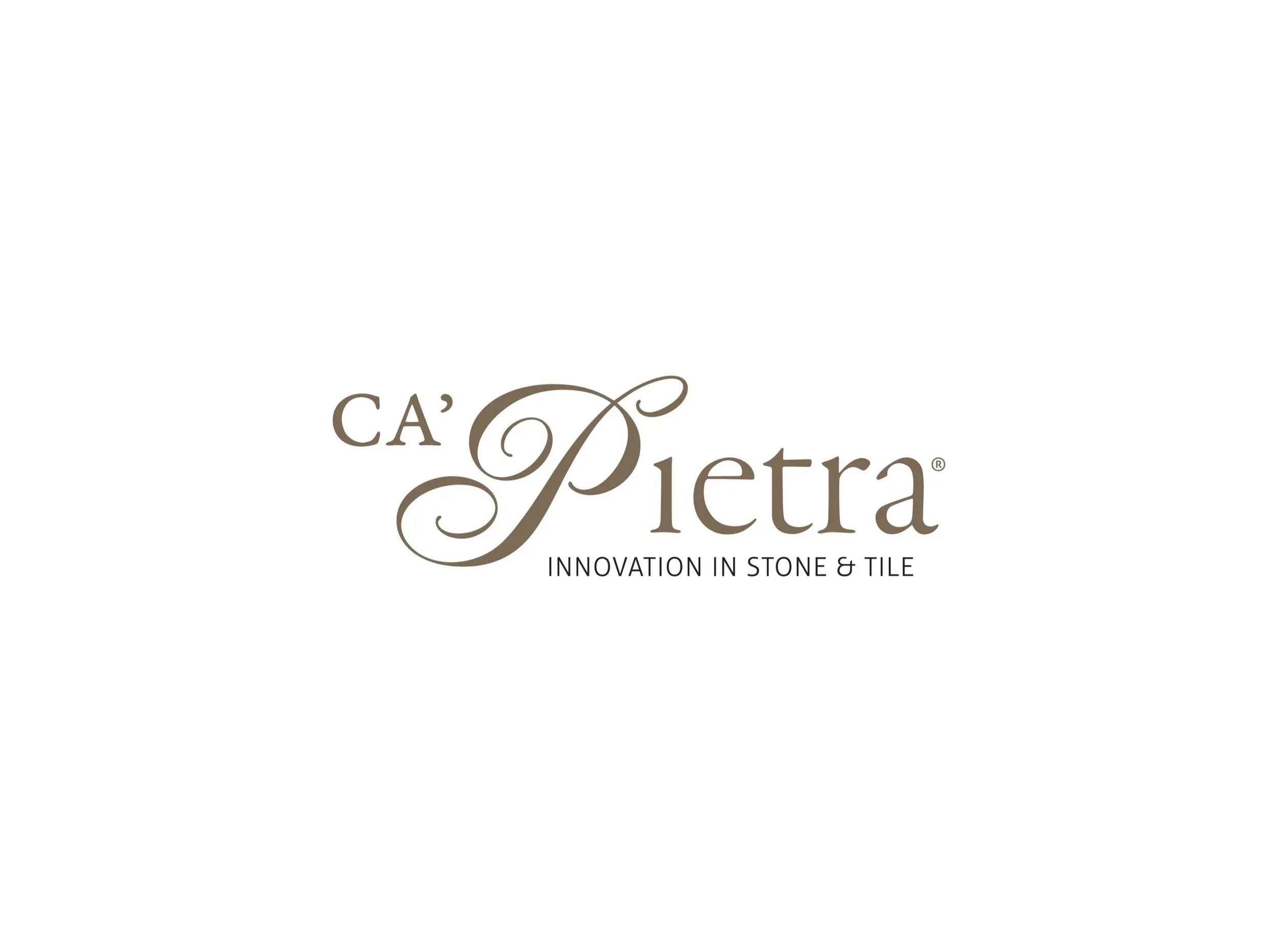 Logo for Ca' Pietra, a stone and tile innovation company, with elegant script font and tagline.