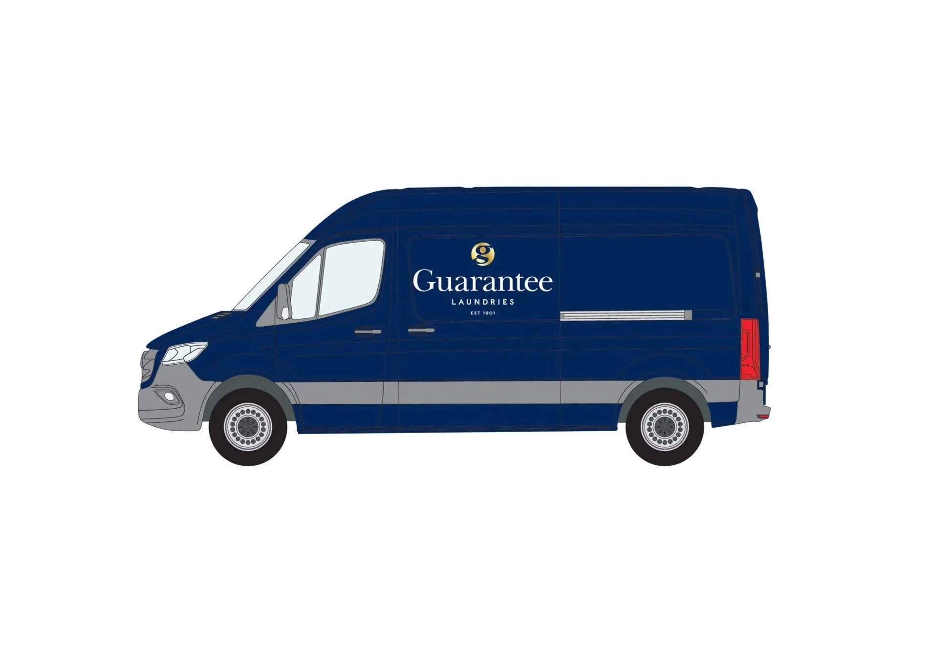 A blue delivery van with the logo and text 'Guarantee Laundries' on the side.