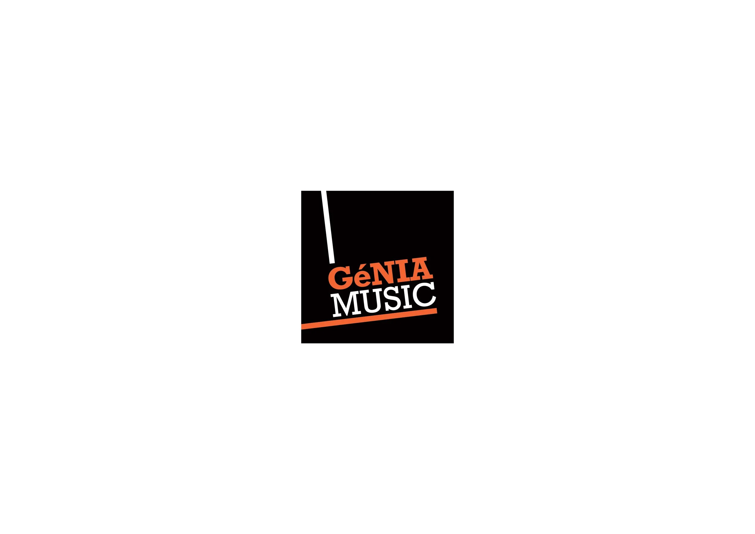 A promotional poster with the text "GÉNIA MUSIC" in bold, orange and white font on a black background.