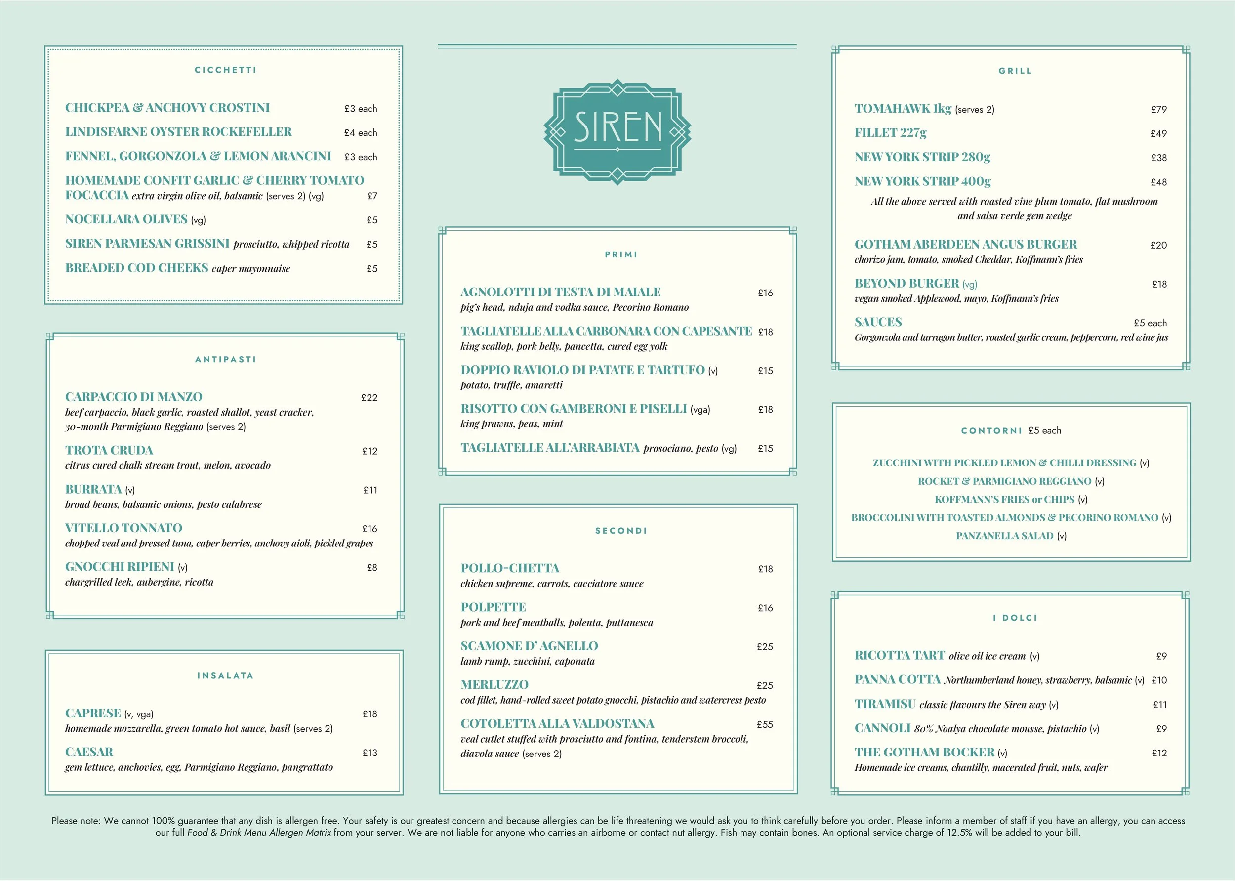 A restaurant menu with sections for cicchetti, antipasti, primi, secondi, and desserts, featuring various Italian dishes with prices listed in pounds.