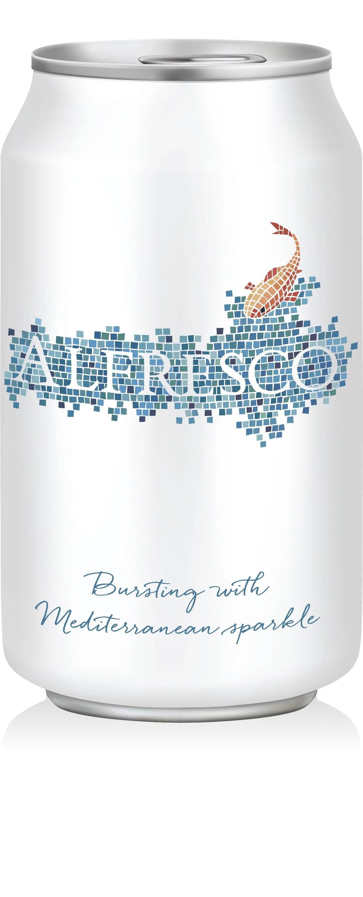 A can of Nürtisqo sparkling water with a white background, featuring a mosaic-style lizard logo and the slogan 'Bursting with Mediterranean sparkle'.