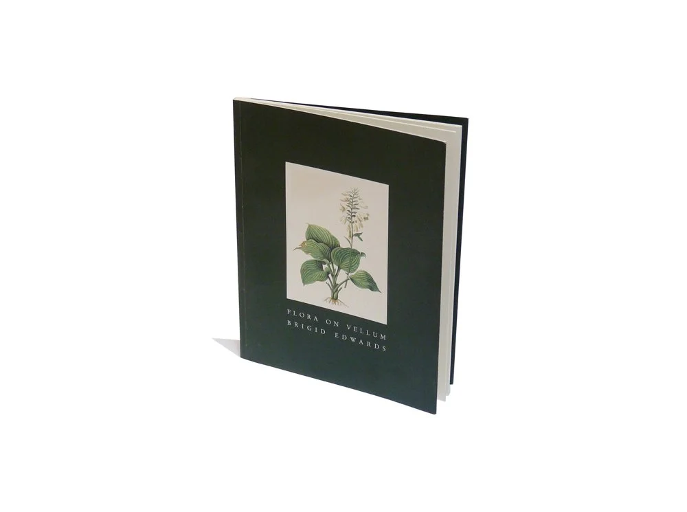 A hardcover book titled 'Flora on Vellum' by Brigid Edwards, featuring a detailed botanical illustration of a plant on its cover.