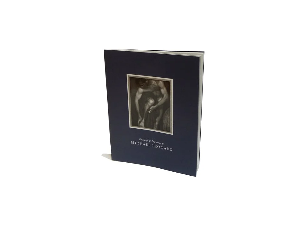 A book with a dark cover featuring a black and white image of a muscular man in a crouching pose, with the text 'Paintings & Drawings by MICHAEL LEONARD'.