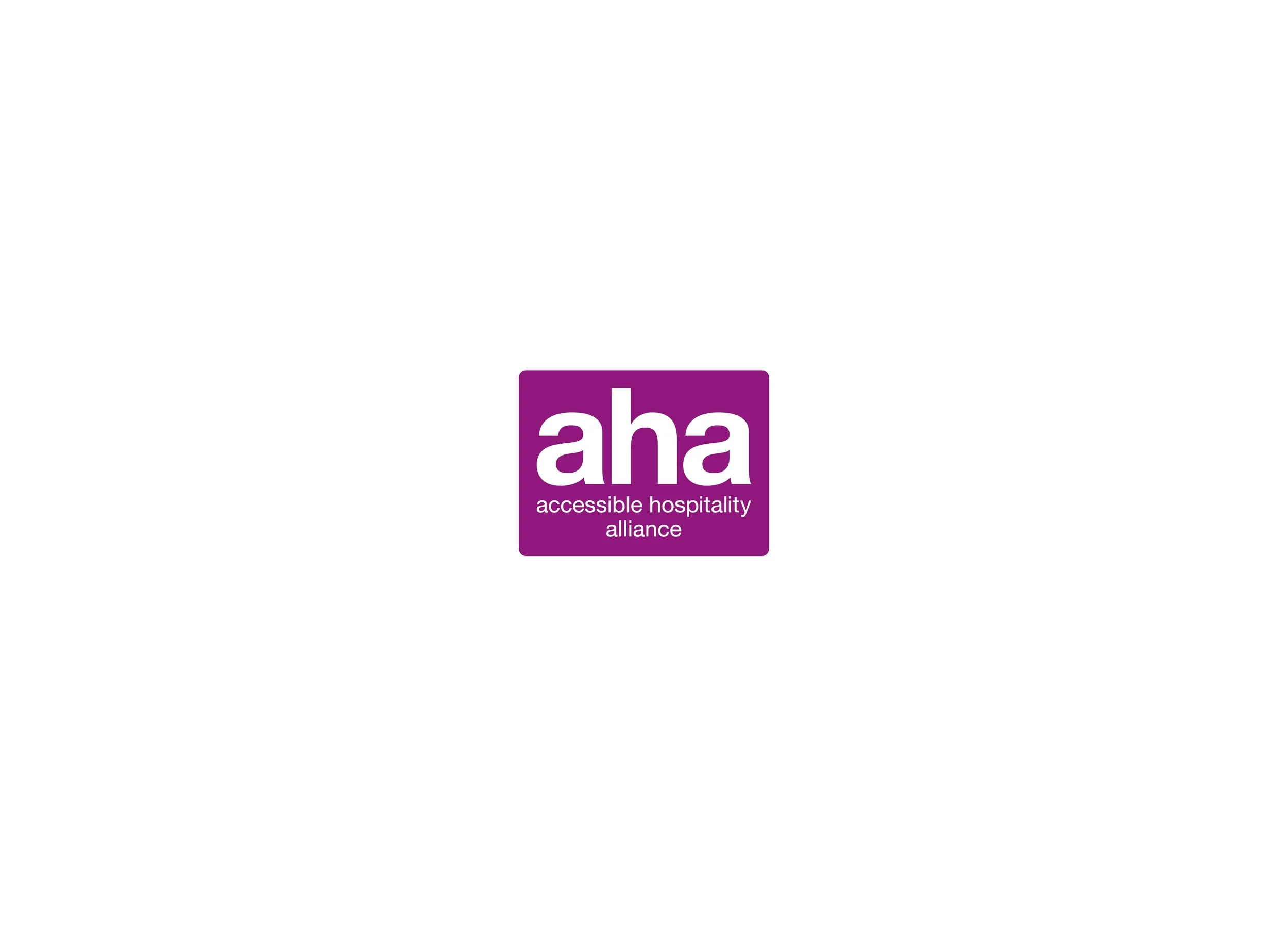 Logo of Aha! accessible hospitality alliance in purple with white text