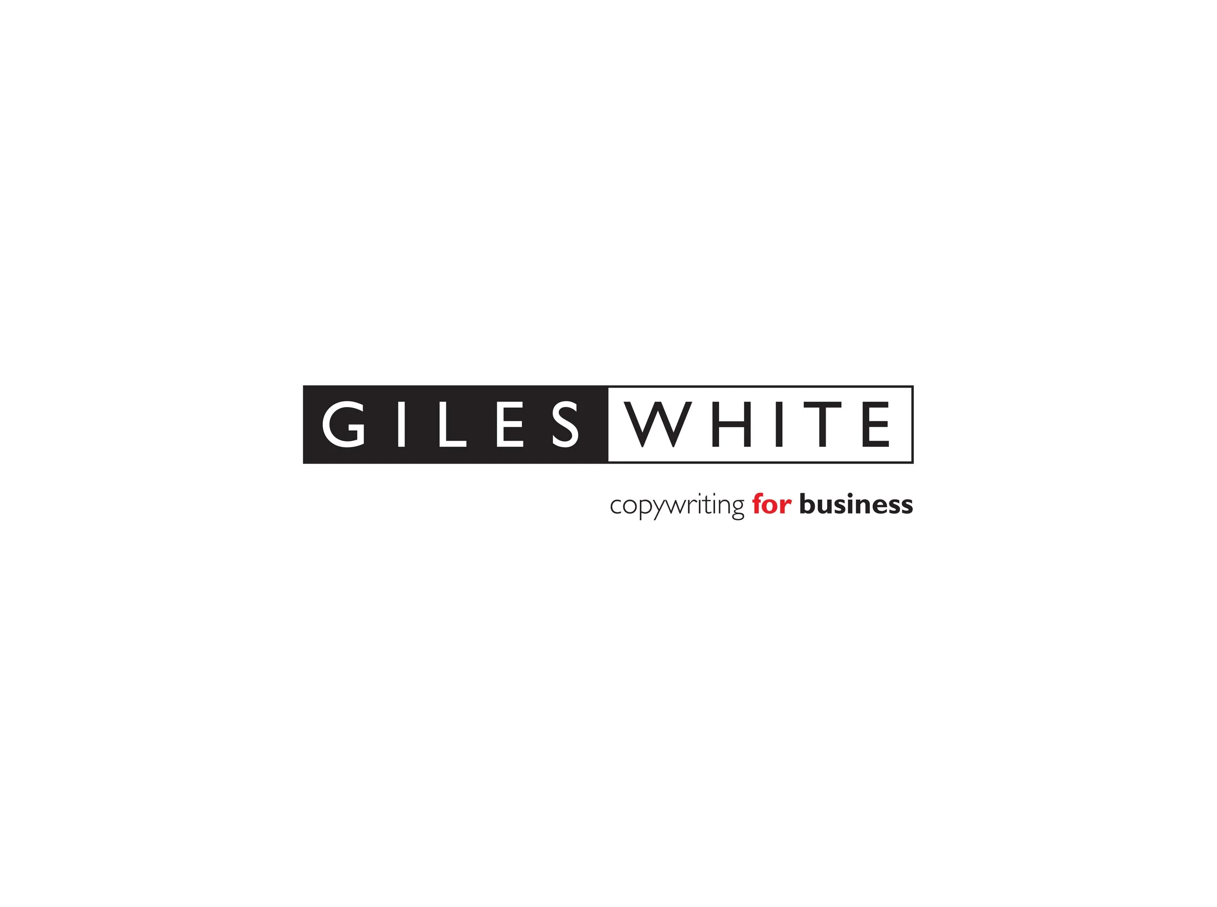 The book cover for 'Giles White: Copywriting for Business' features a minimalist design with the author's name in black and white blocks, and the subtitle 'copywriting for business' in smaller text.