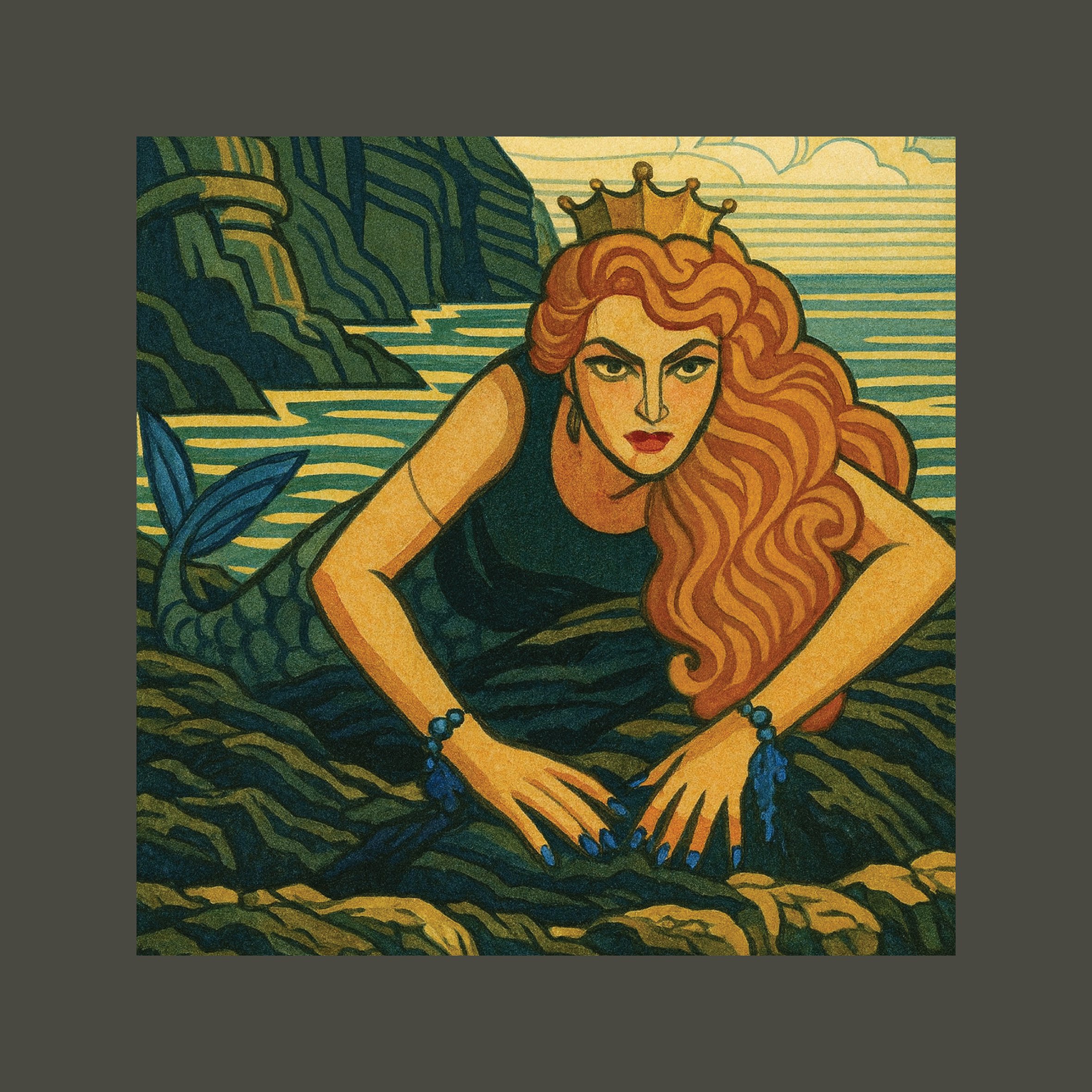 A woman with long, curly red hair and a crown on her head, lying down by the water with a scenic background of mountains and sky.