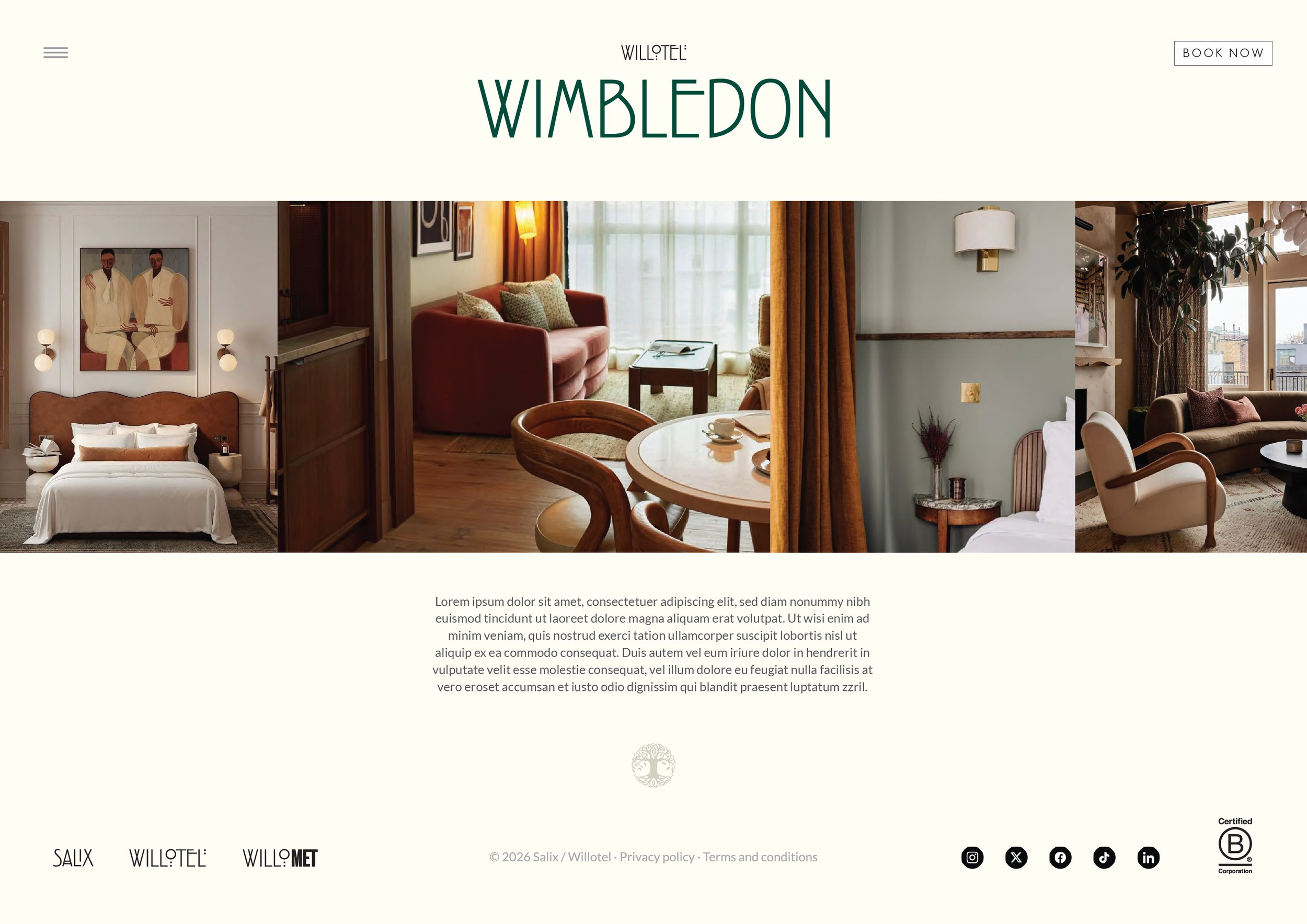 Screenshot of a hotel website homepage with a large header text that says 'WIMBLEDON'. The page features images of a modern living room and bedroom, with furniture, artwork, and decor. The layout includes menu icons, booking button, and placeholder t