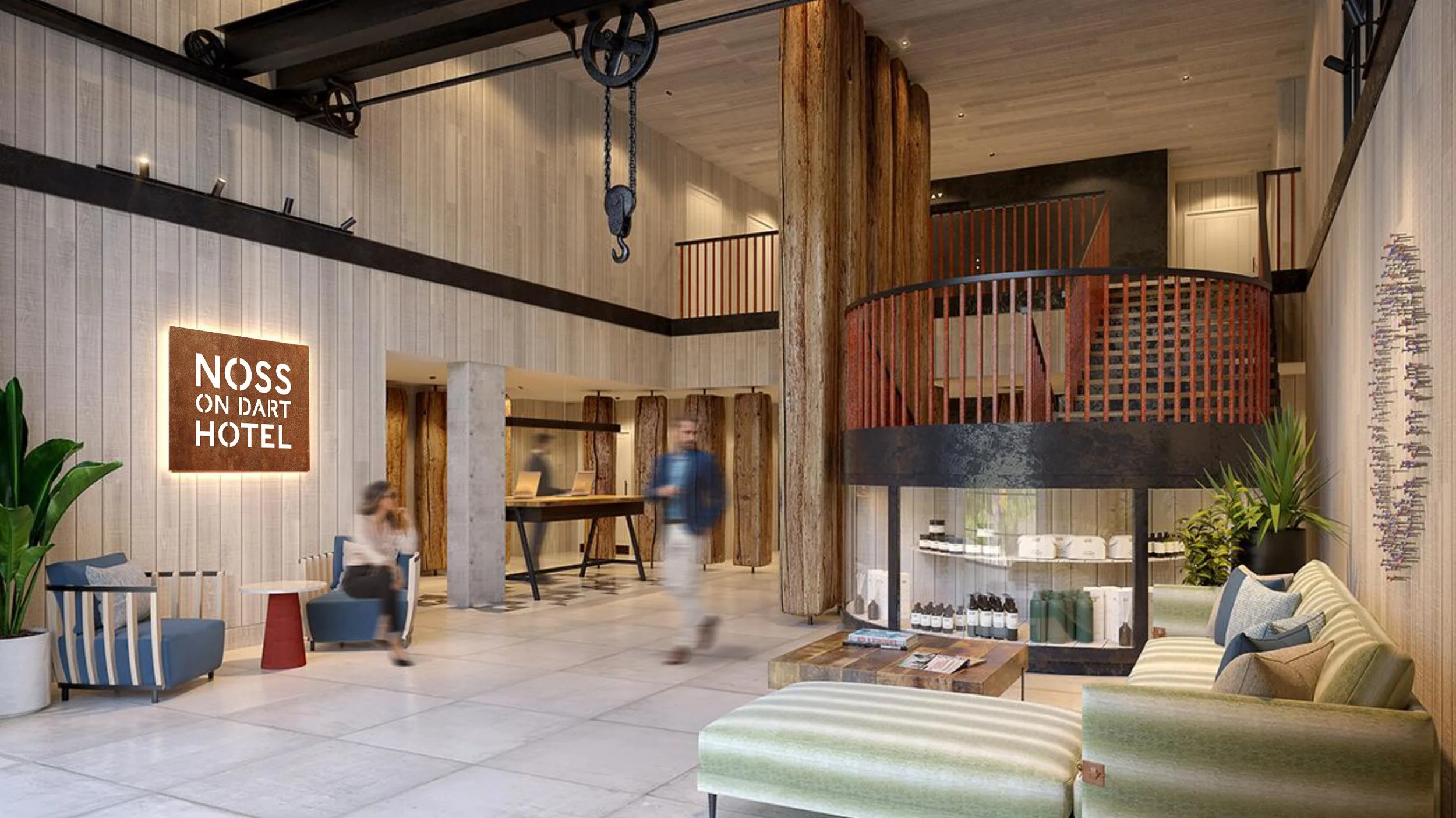 Hotel lobby with modern decor, wooden accents, plants, and seating area. Reception desk visible with guests and staff. Sign reads 'NOSS ON DART HOTEL'.