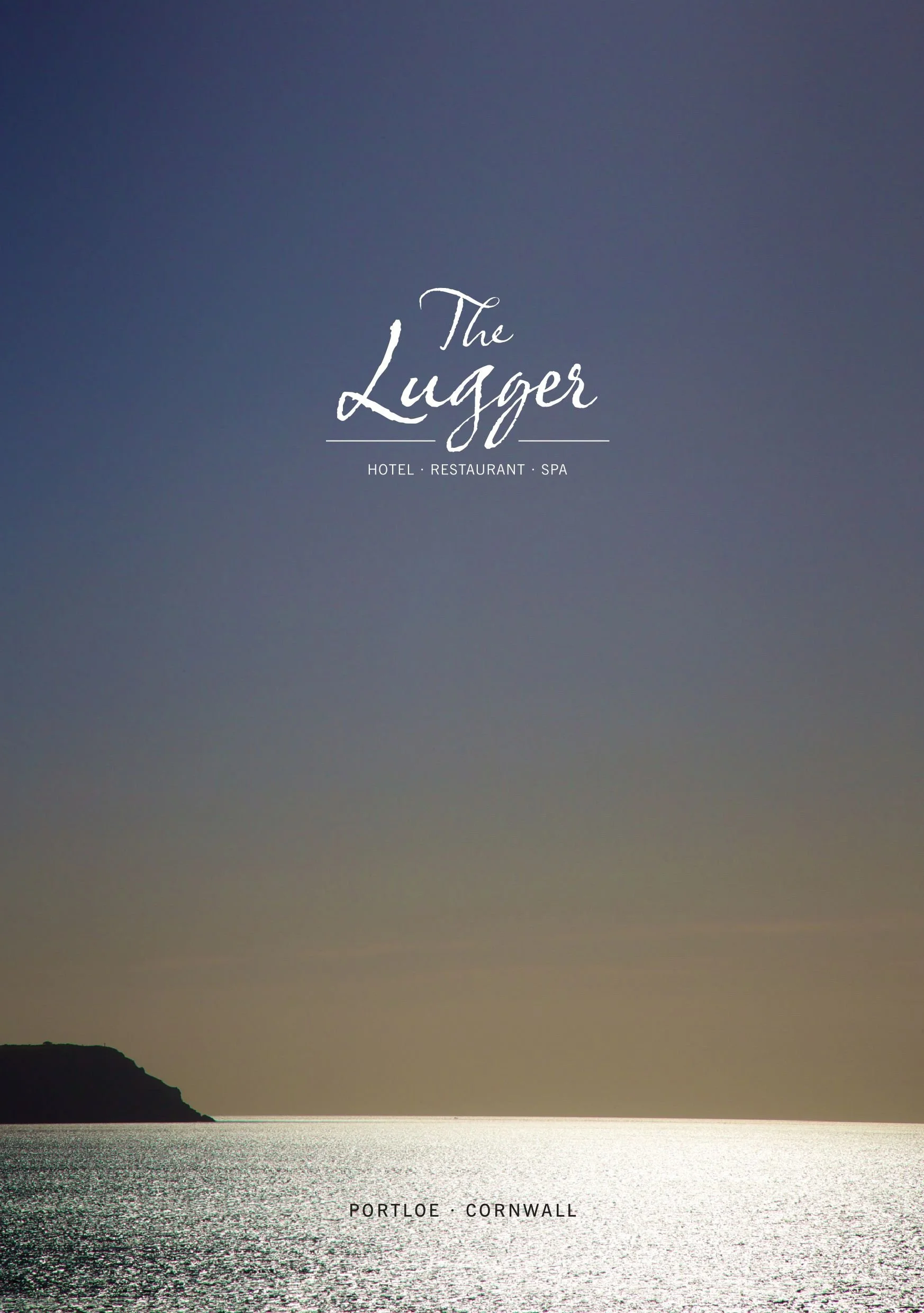 A coastal scene at sunset or sunrise with dark silhouette of a cliff on the left and a calm sea reflecting the sky, which is gradient from dark blue to gray, and the text 'The Luger' and 'Portloe Cornwall' in the center.