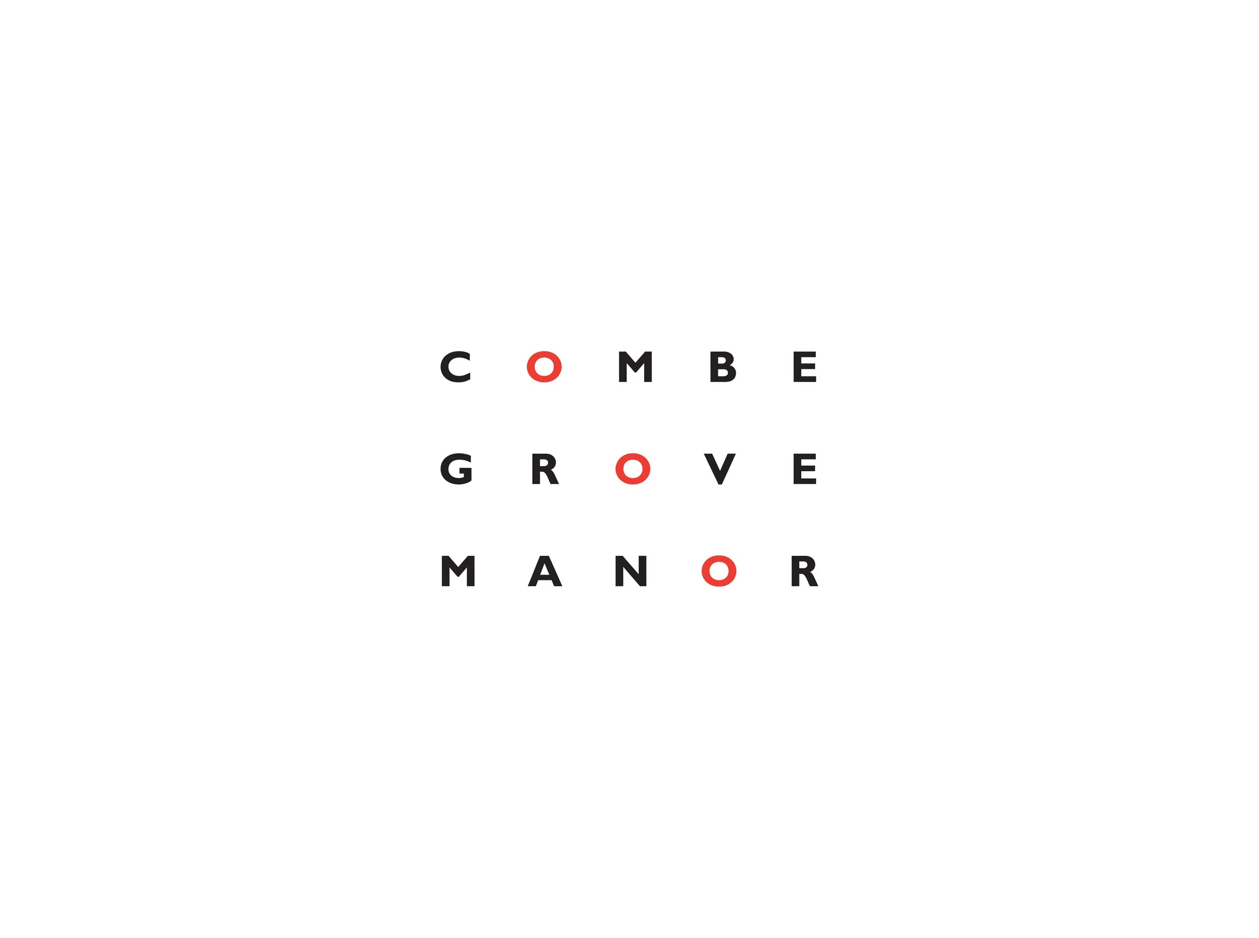 Text with the words 'Come Grove Manor' in black and red on a white background.