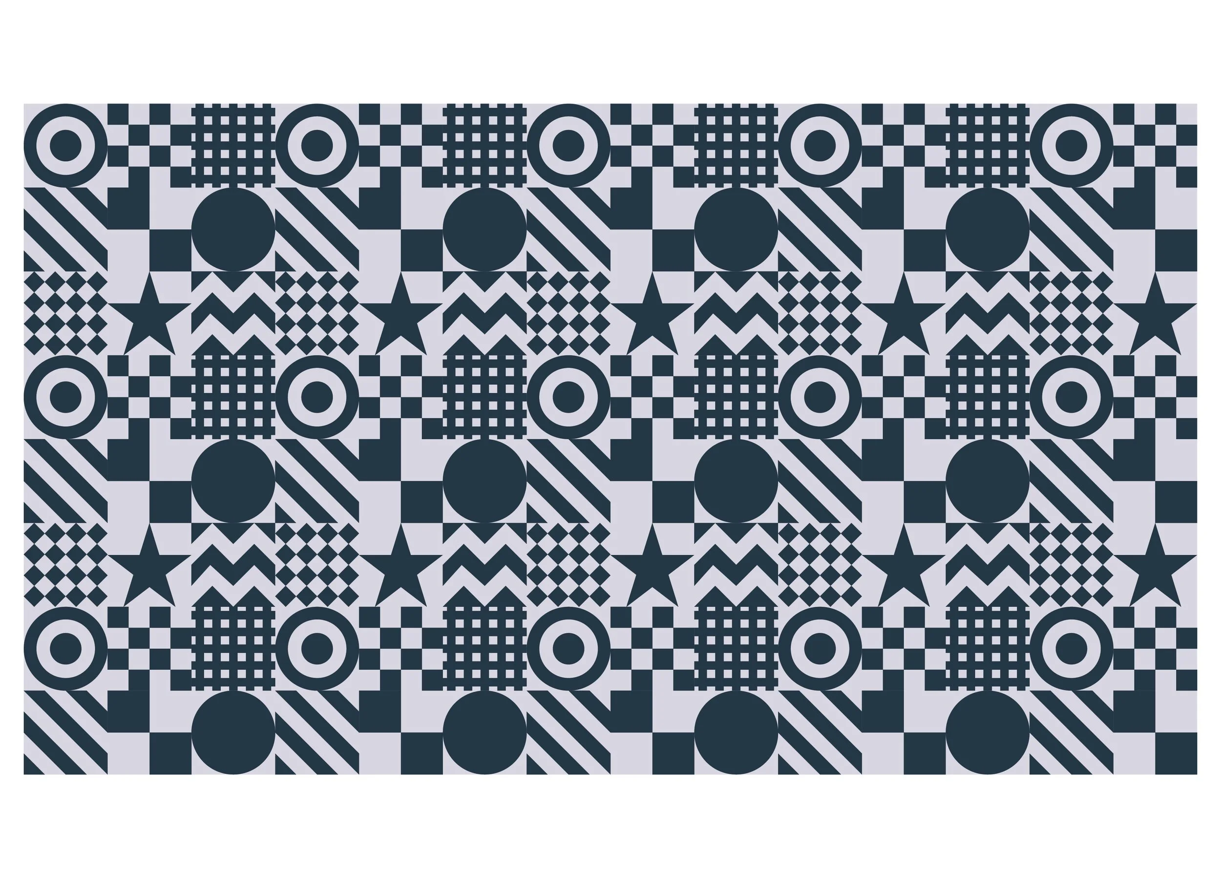 Black and white geometric pattern with circles, stars, squares, and checkered designs.