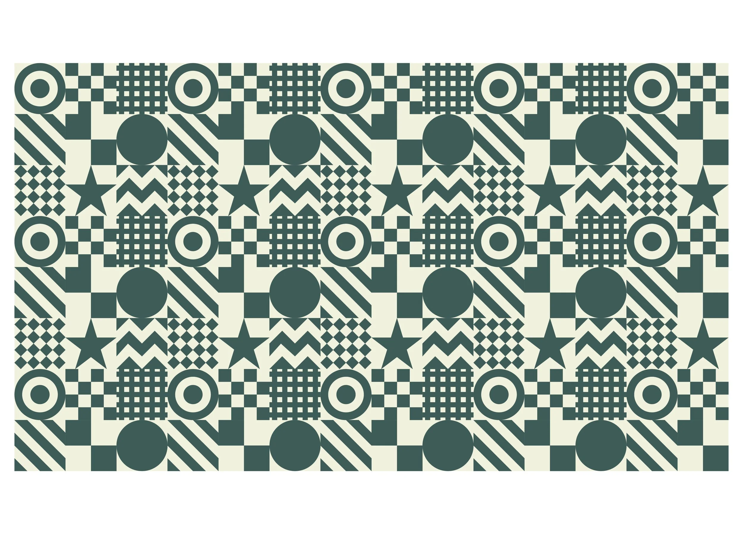 A geometric patterned fabric design featuring circles, squares, stars, and checkered patterns in dark green and beige colors.