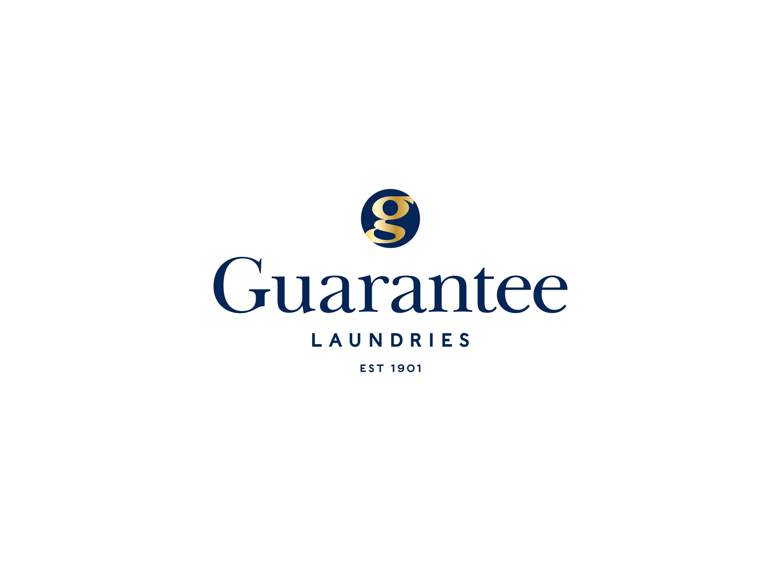 Logo of Guarantee Laundries with a dark blue and gold emblem and the company's name in dark blue text, established in 1901.