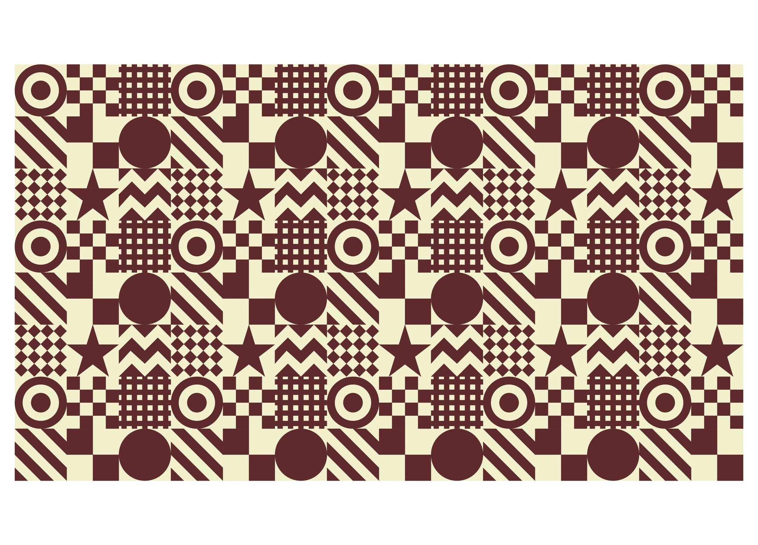 A patterned geometric design featuring circles, stars, squares, diagonal lines, and checkered squares in brown and cream colors.