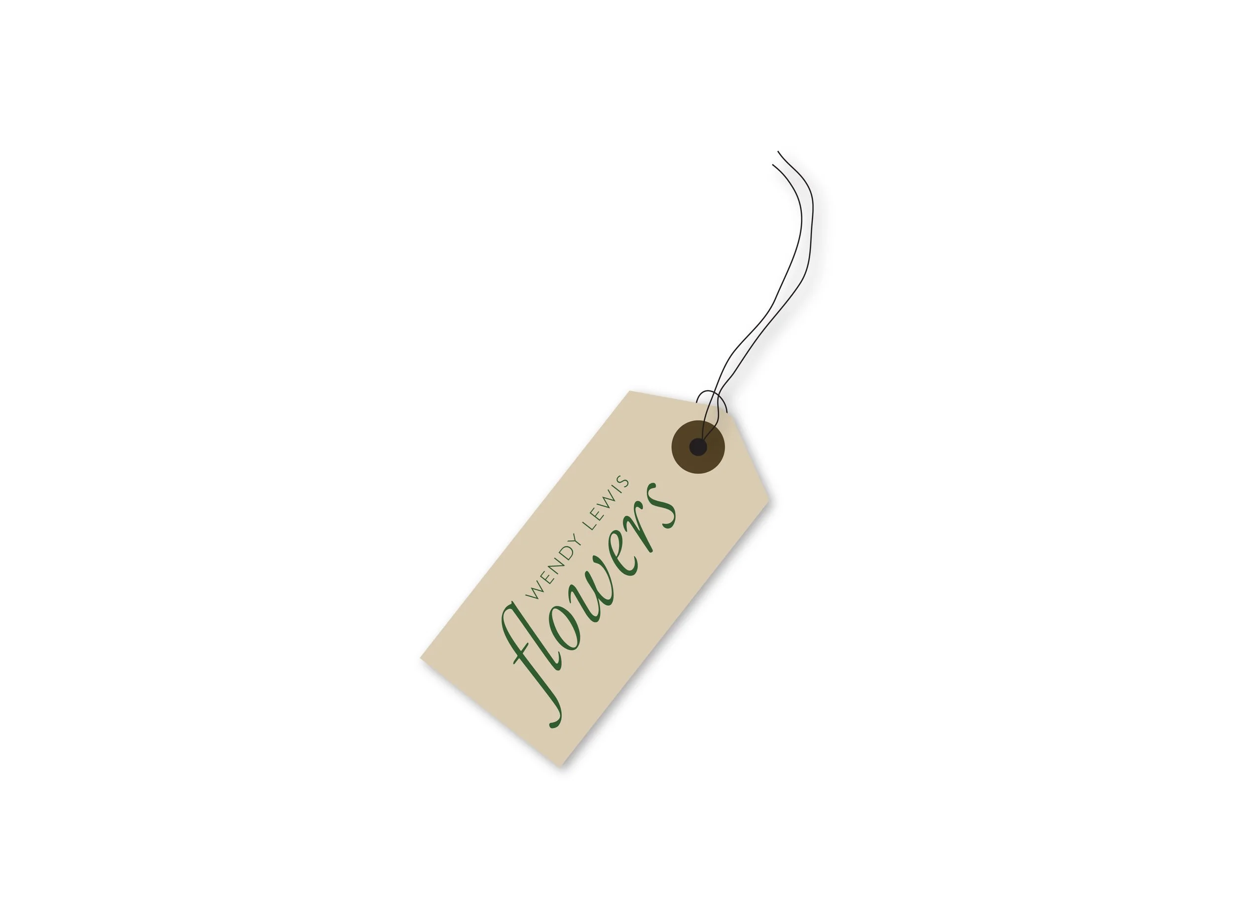 A beige tag with green cursive text reading "WENDY LEWIS FLOORS" attached to a string with black dots, against a white background.